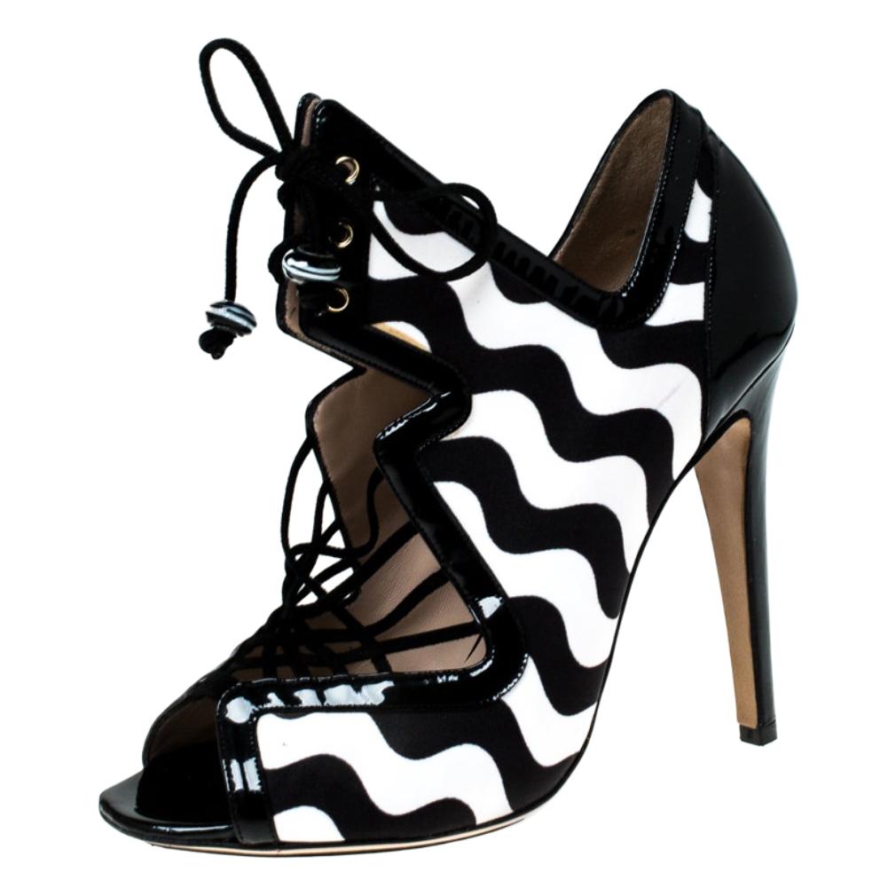 Monochrome Satin And Patent Leather Cut Out Strappy Sandals Size 37