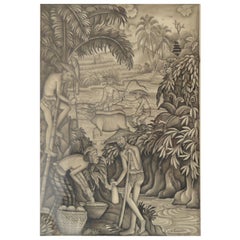 Monochrome Watercolor of Bucolic Figures, I Wayan Punduh, Bali