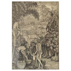 Monochrome Watercolor of Bucolic Figures, I Wayan Punduh, Bali