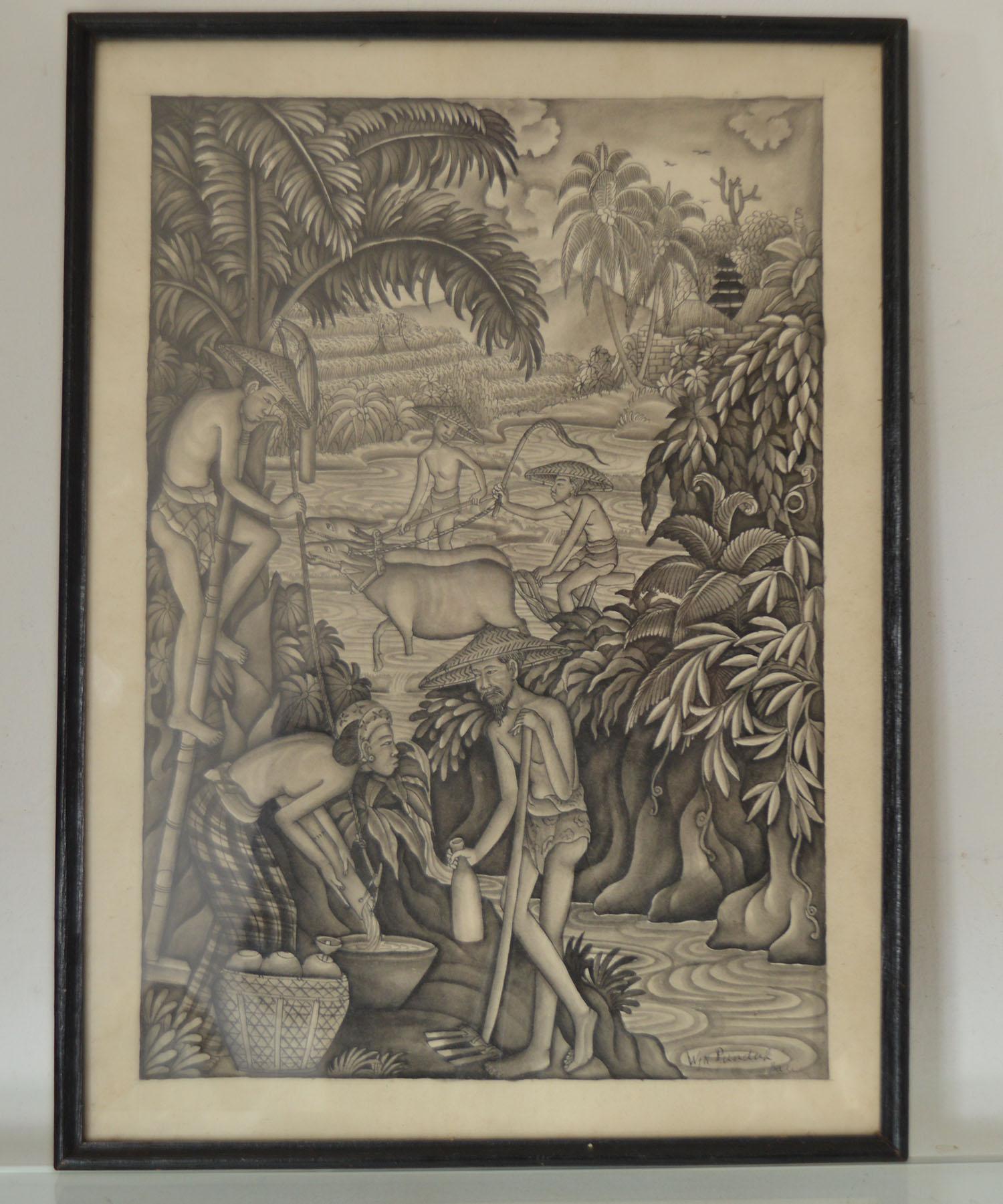 Folk Art Monochrome Watercolor of Bucolic Figures, I Wayan Punduh, Bali