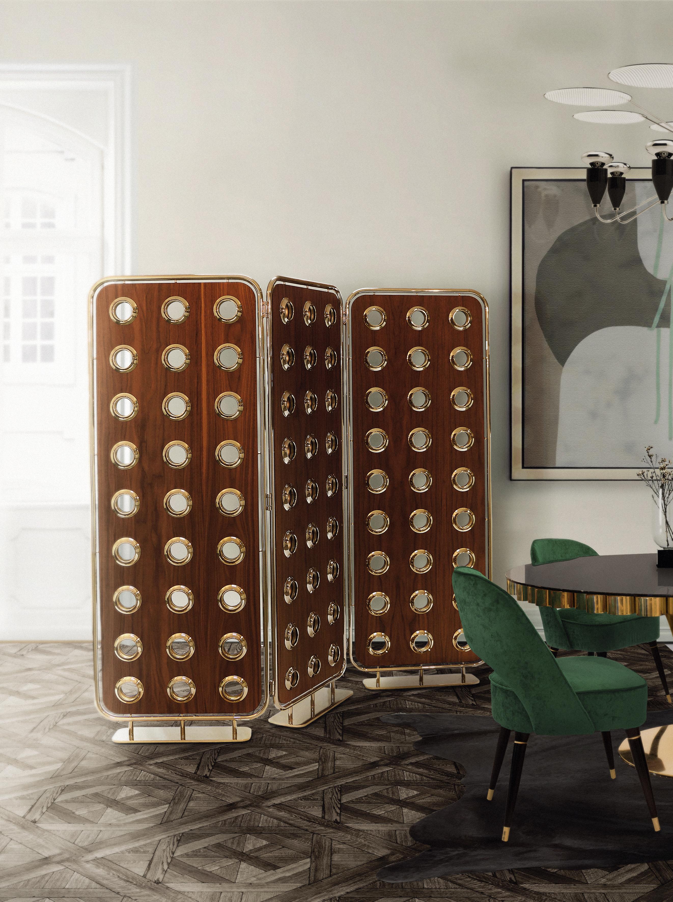Monocles Folding Screen in Wood with Brass Detail In New Condition For Sale In New York, NY