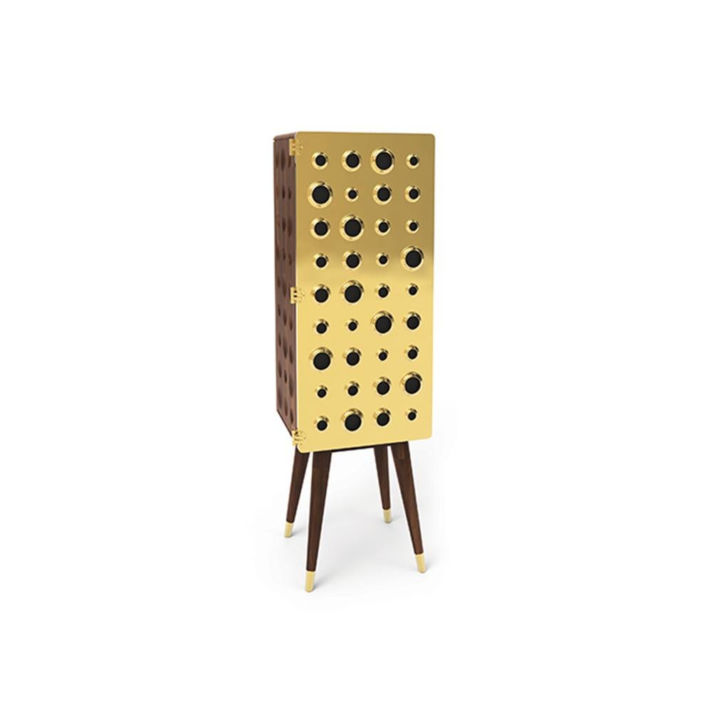 Mid-Century Modern Monocles Tall Cabinet in Brass and Wood For Sale