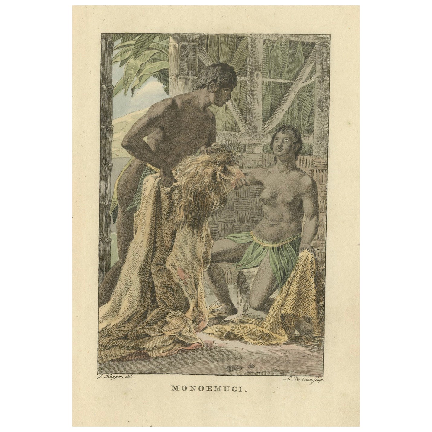 Monoemugi, Afrique centrale - Gravure ethnographique ancienne coloriée à la main (c.1810)