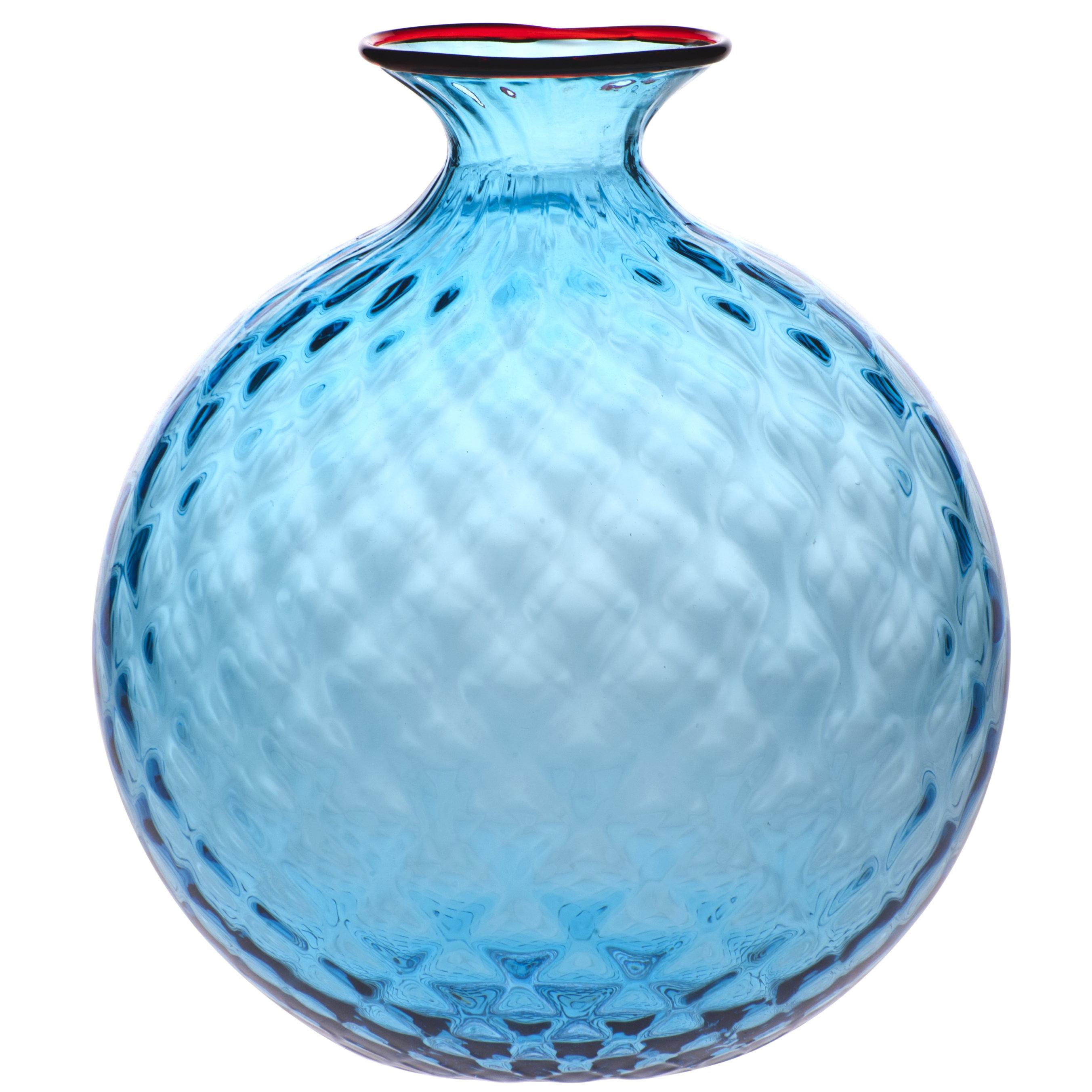 Monofiore Balloton Glass Vase in Aquamarine with Red Thread Rim by Venini