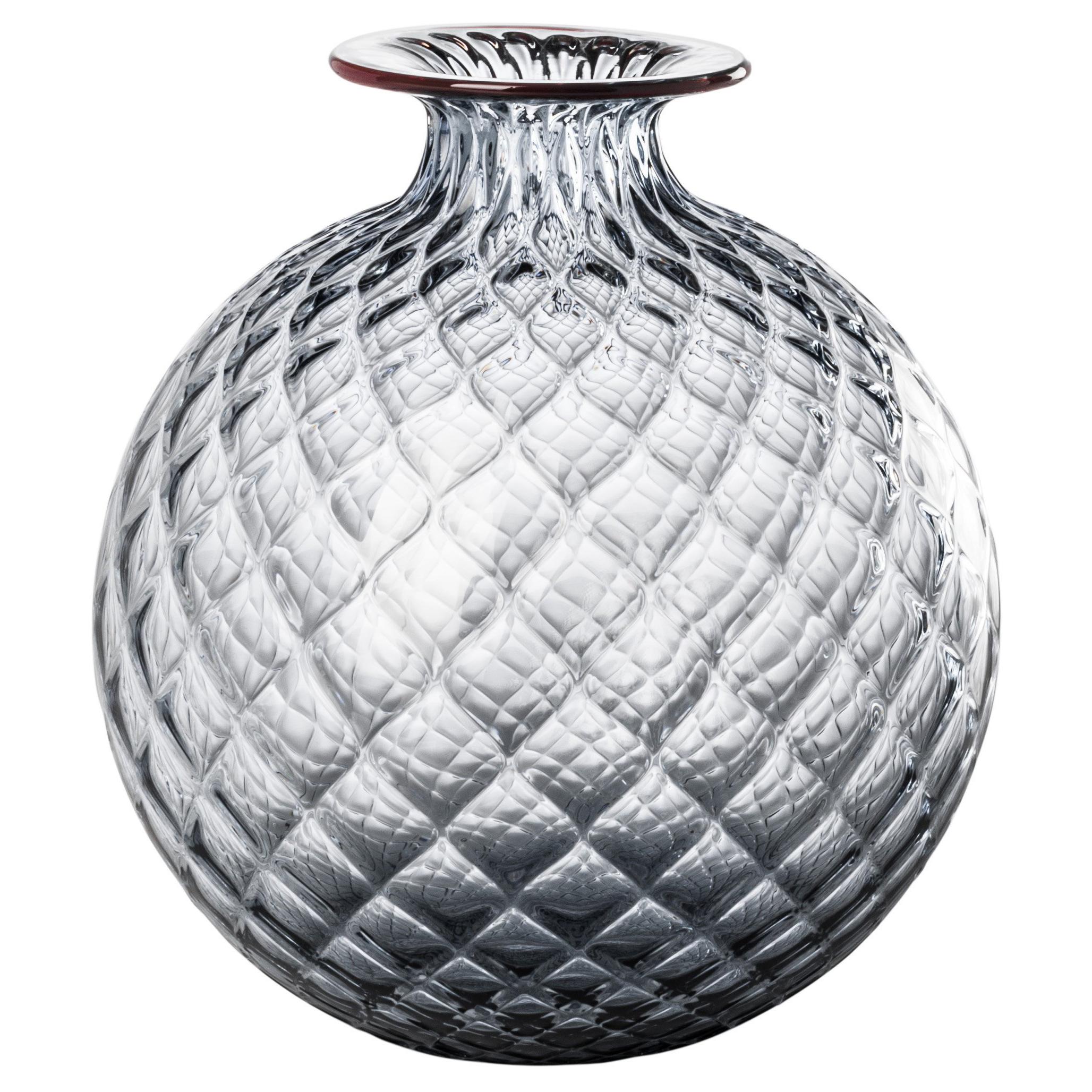 Monofiore Balaton Glass Vase in Grey with Red Thread Rim by Venini