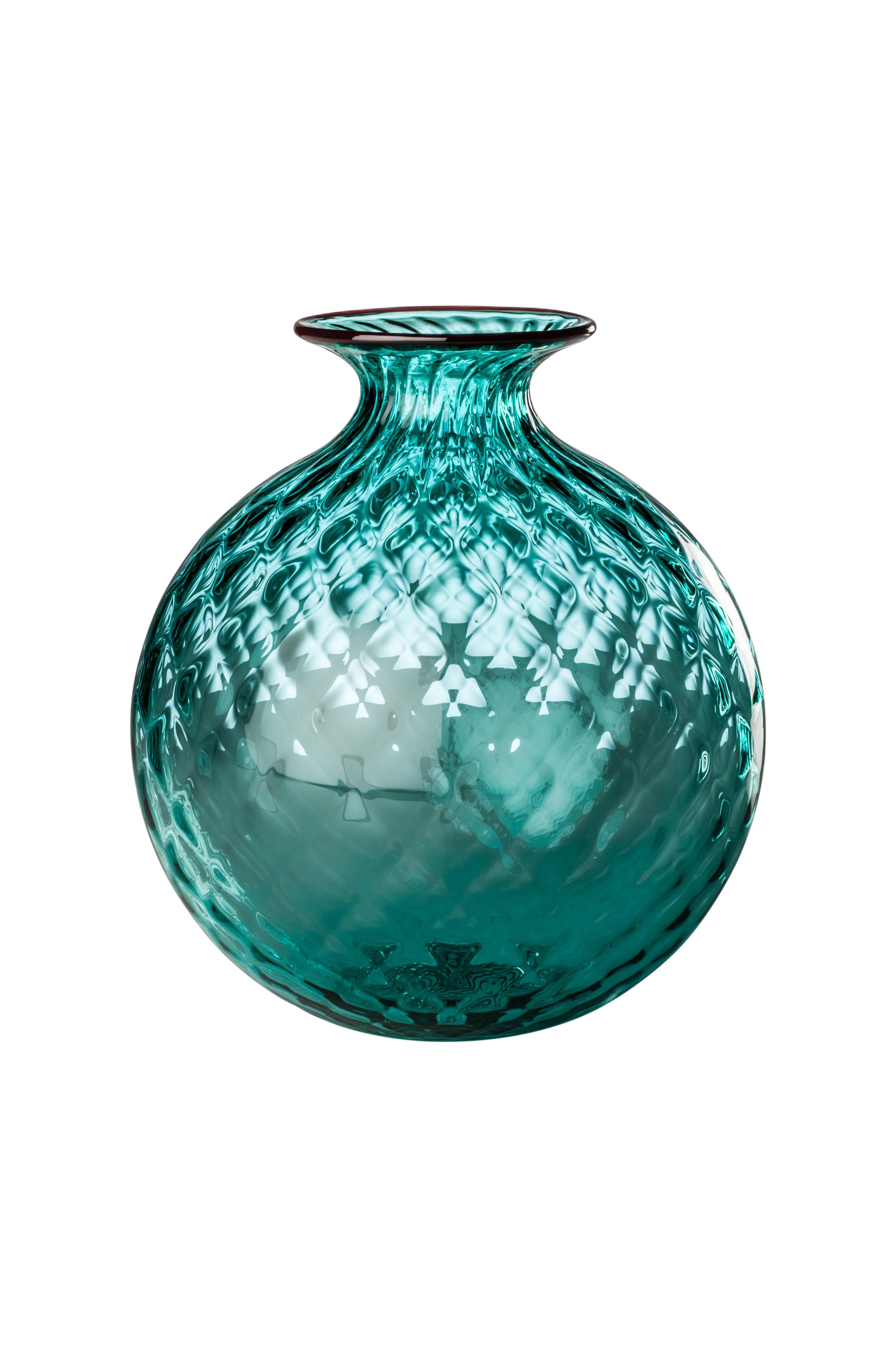 Venini glass vase with full body and textured surface with hexagonal shaped pattern in horizon blue designed in 1970. Perfect for indoor home decor as container or strong statement piece for any room. Also available in other colors on 1stdibs.