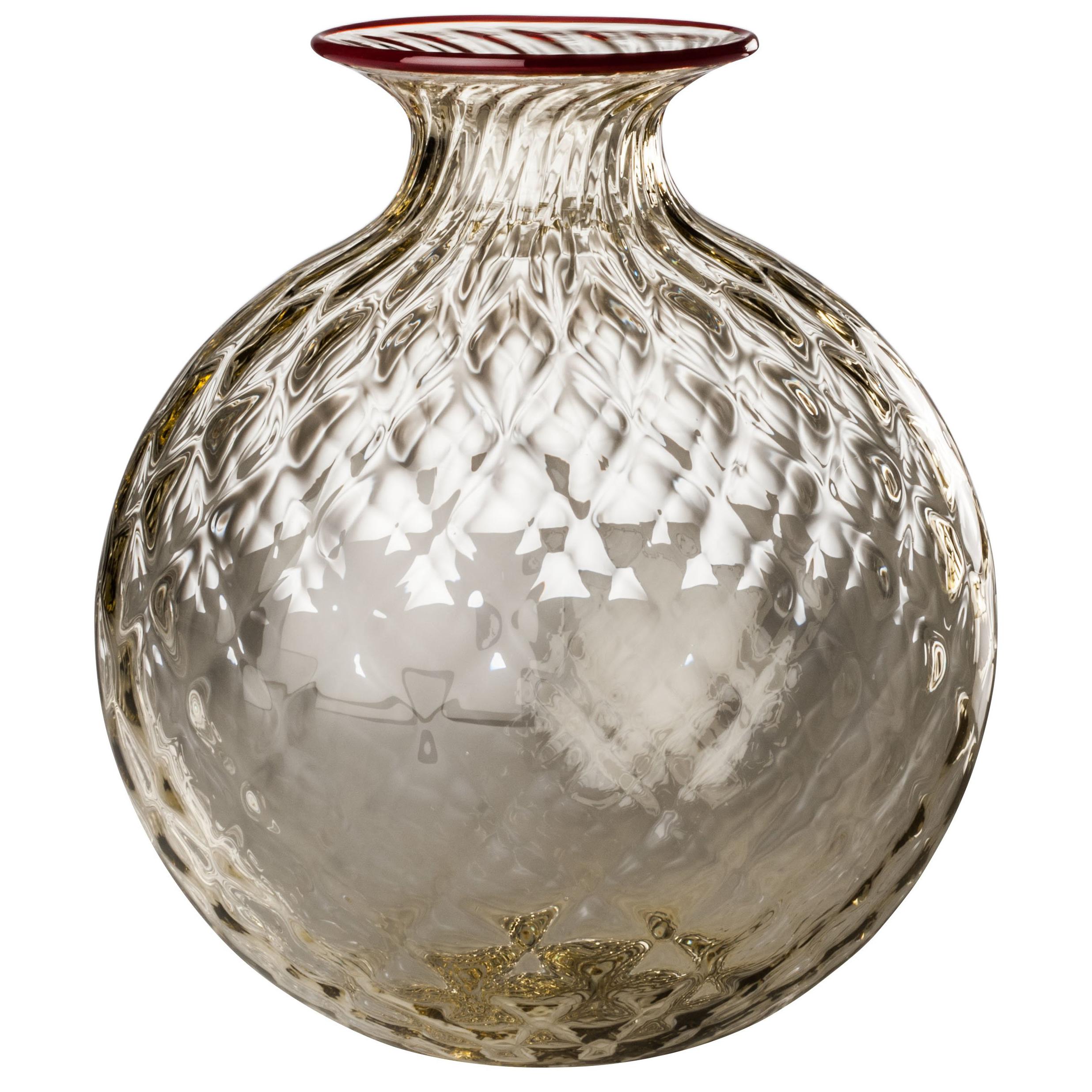 Monofiore Balaton Glass Vase in Pale Straw with Red Thread Rim by Venini