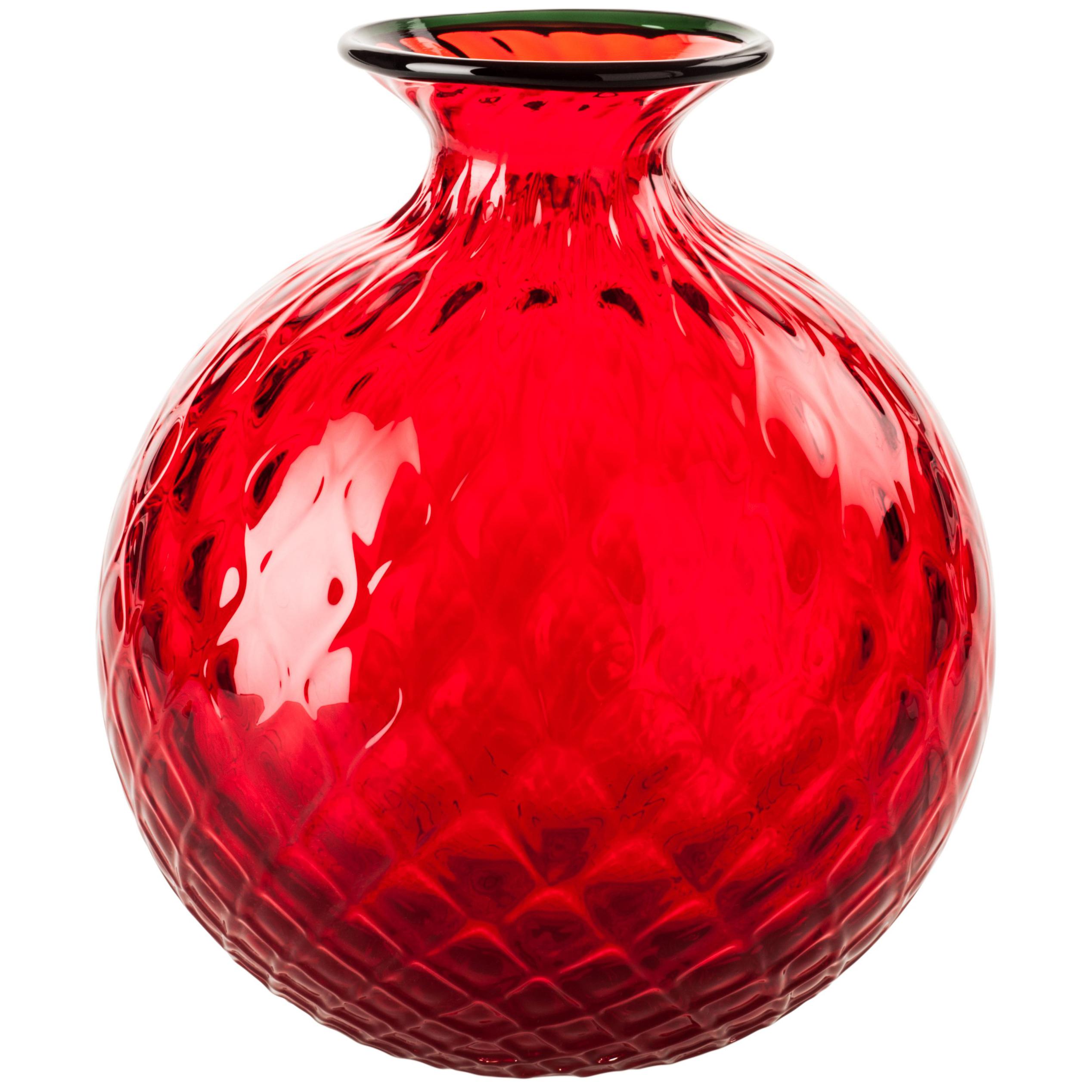 Monofiore Balaton Glass Vase in Red with Green Thread Rim by Venini
