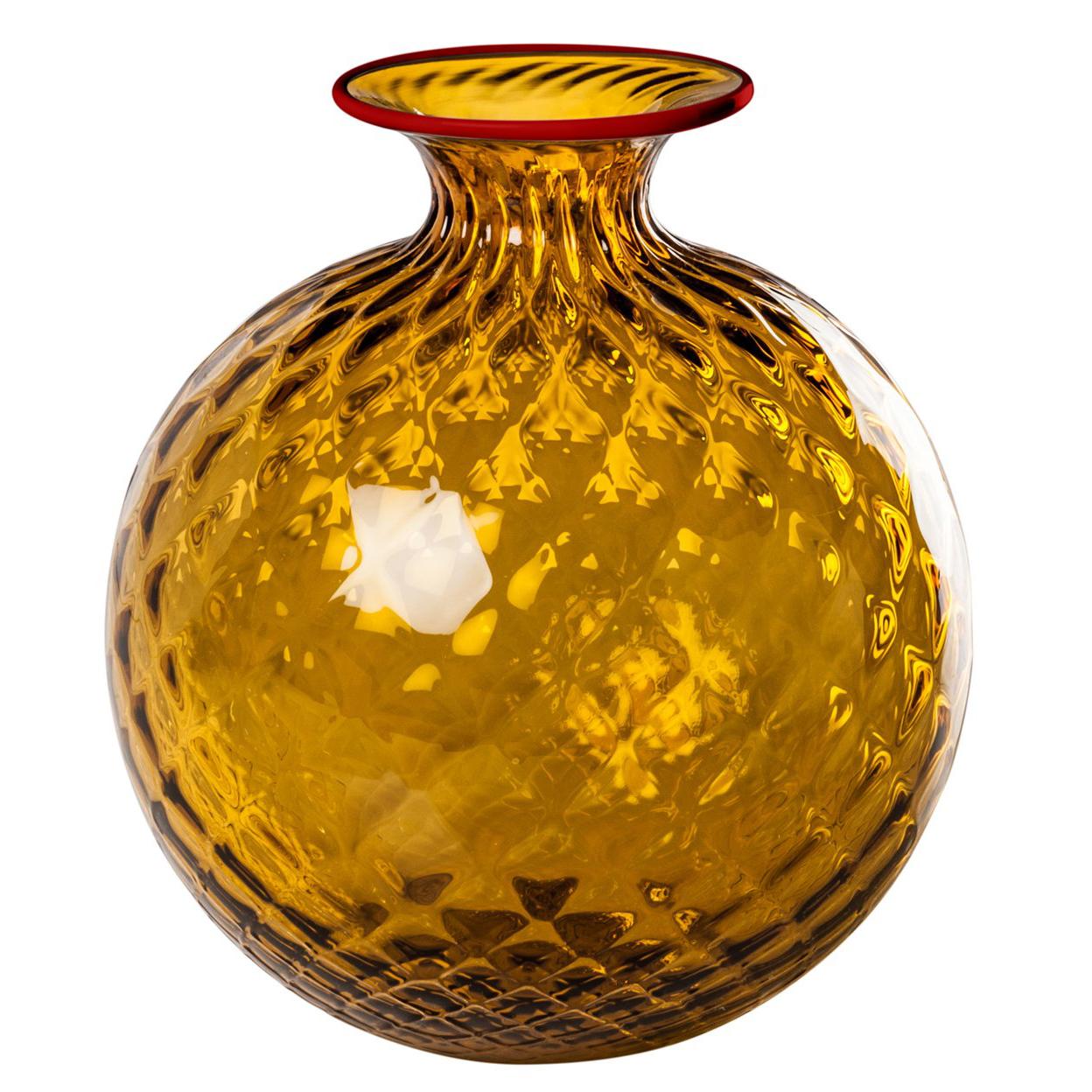 Monofiore Balaton Glass Vase in Topaz with Red Thread Rim by Venini