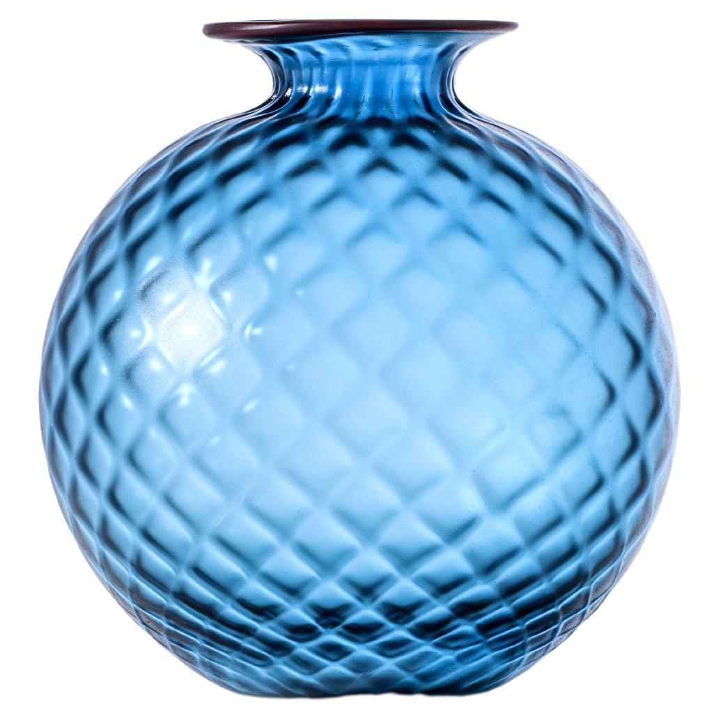 Monofiore Balaton Sabbiato Short Glass Vase in Aquamarine Red Thread by Venini For Sale