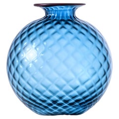 Monofiore Balaton Sabbiato Short Glass Vase in Aquamarine Red Thread by Venini