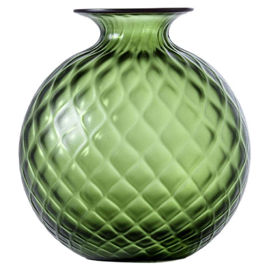 Monofiore Balaton Sabbiato Short Glass Vase in Apple Green red Thread by Venini For Sale
