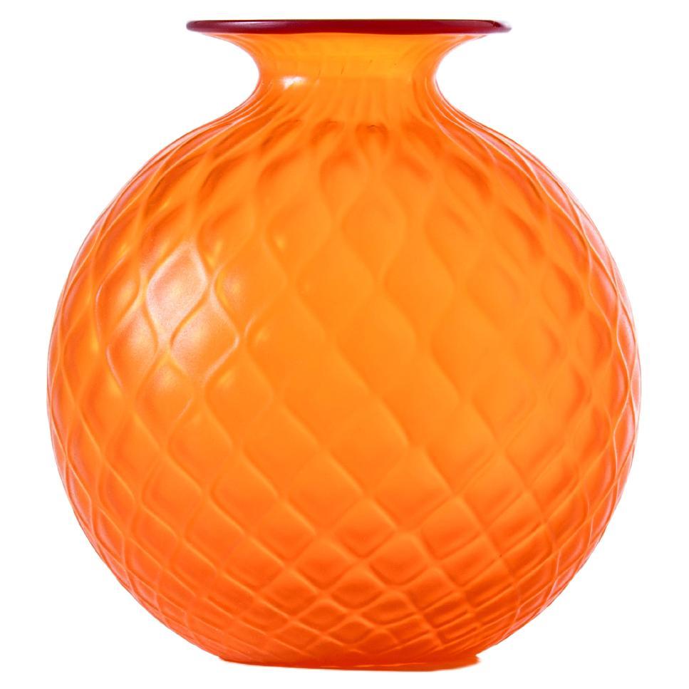 Monofiore Balaton Sabbiato Short Glass Vase in Straw Yellow Red Thread by Venini For Sale