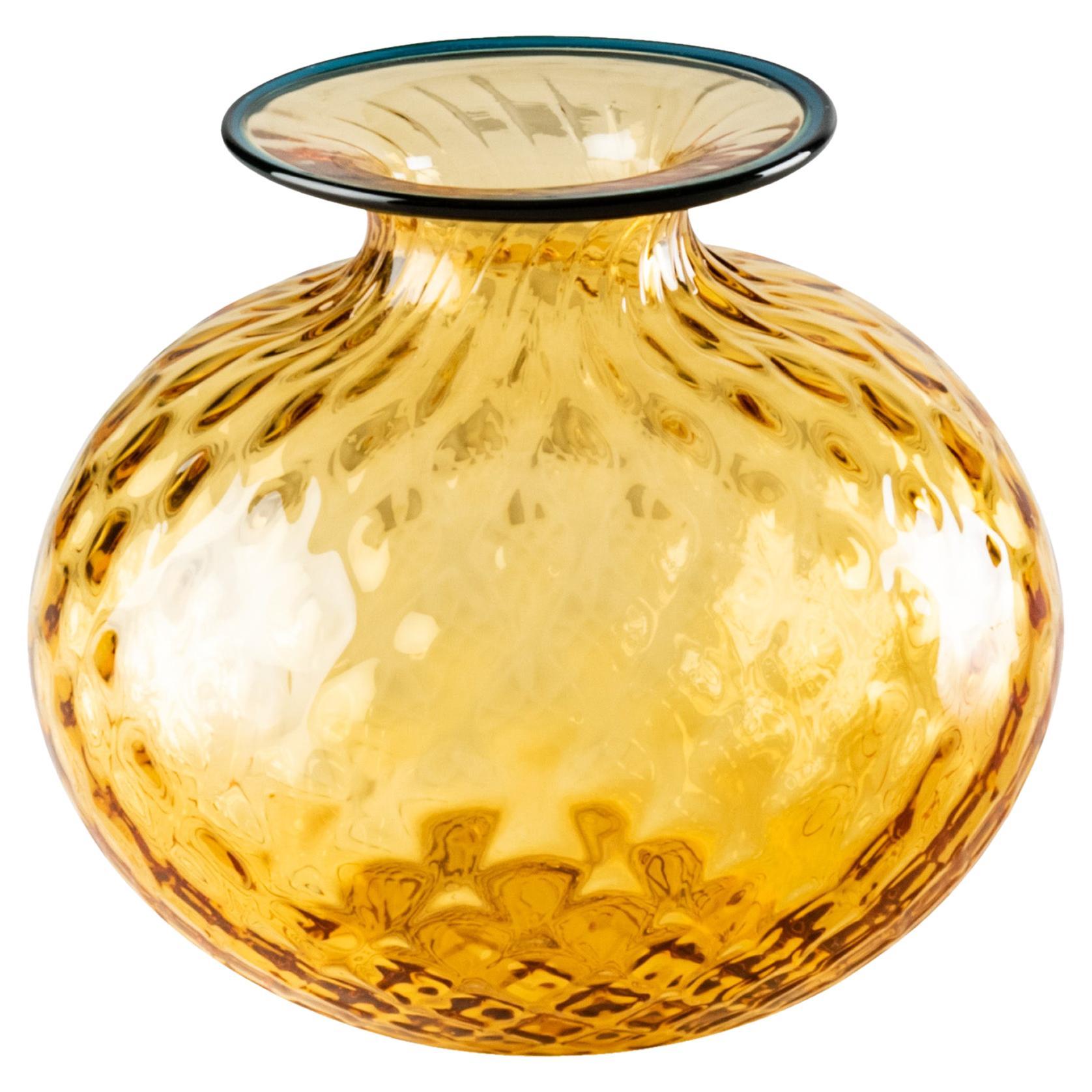 Monofiore Balaton Short Glass Vase in Amber with Horizon Thread Rim by Venini For Sale