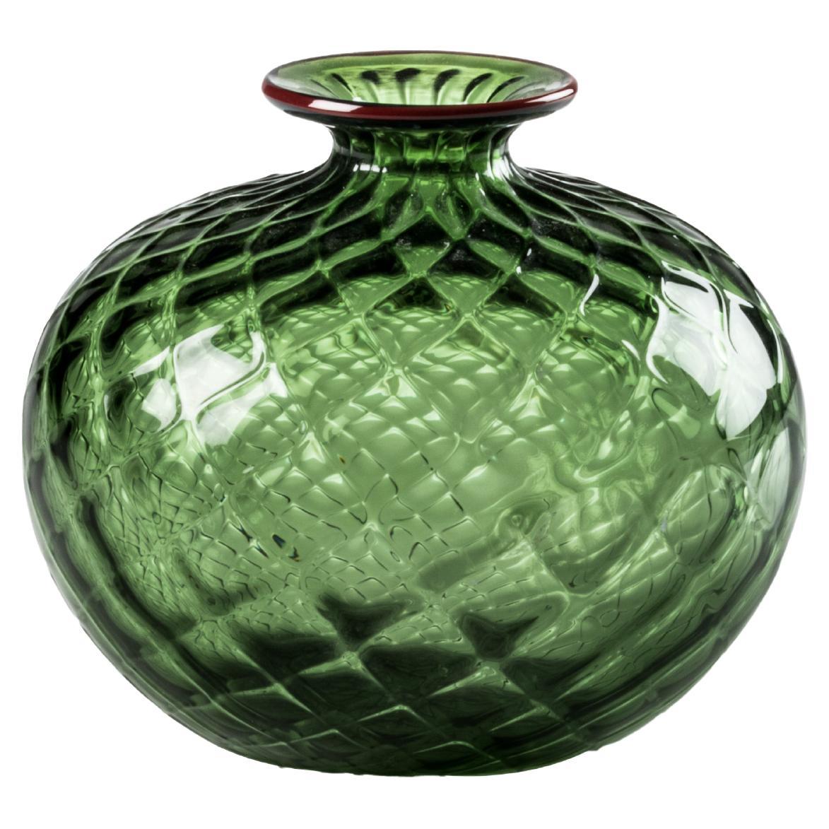 Monofiore Balaton Short Glass Vase in Apple Green Red Thread Rim by Venini For Sale