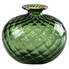 Monofiore Balaton Short Glass Vase in Apple Green Red Thread Rim by Venini