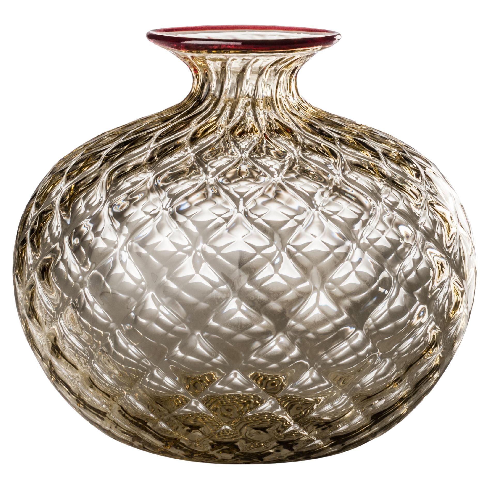 Monofiore Balaton Short Glass Vase in Grey Red Thread Rim by Venini For Sale