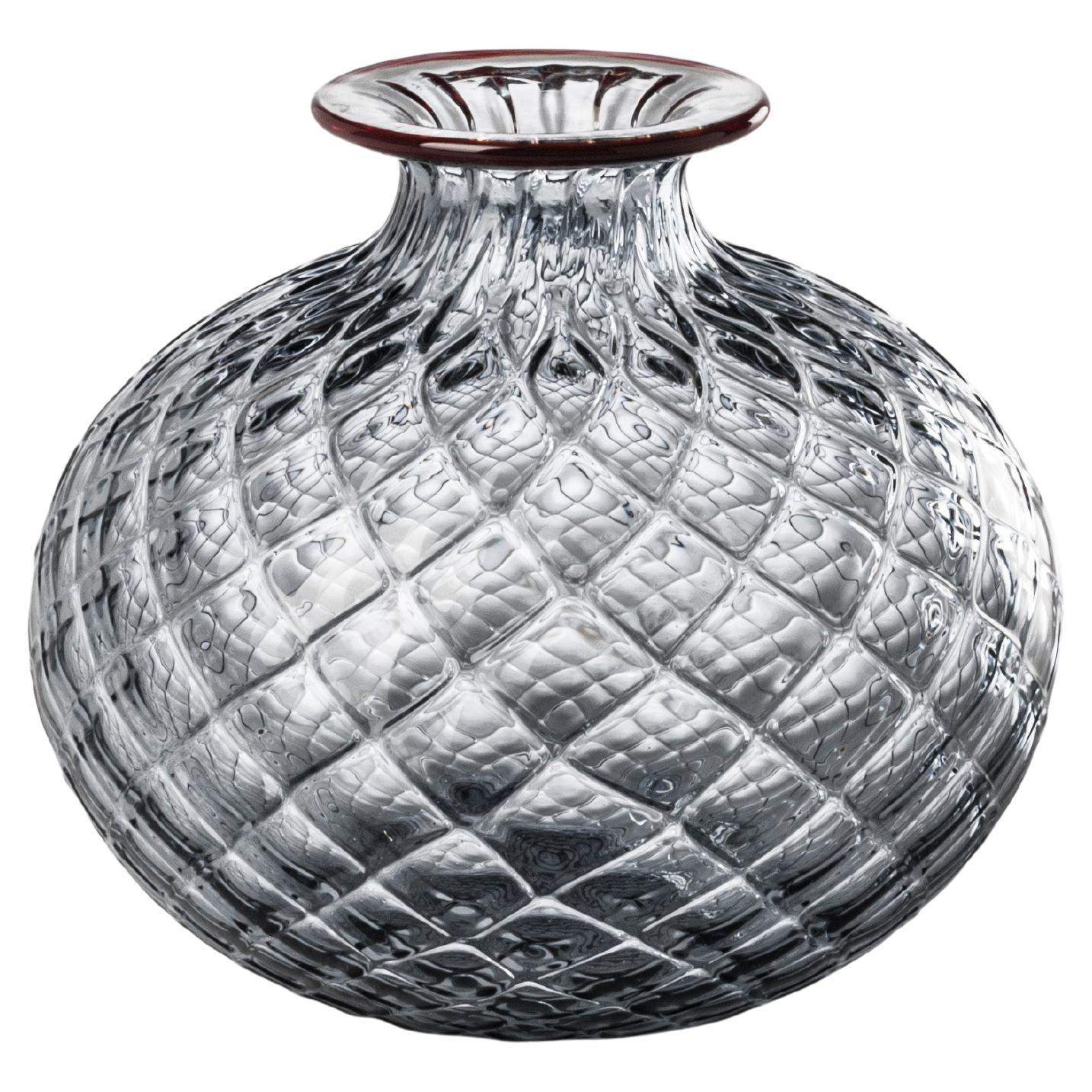 Monofiore Balaton Short Glass Vase in Grey Red Thread Rim by Venini