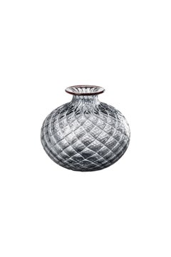 Monofiore Balaton Short Glass Vase in Grey with Red Thread Rim by Venini