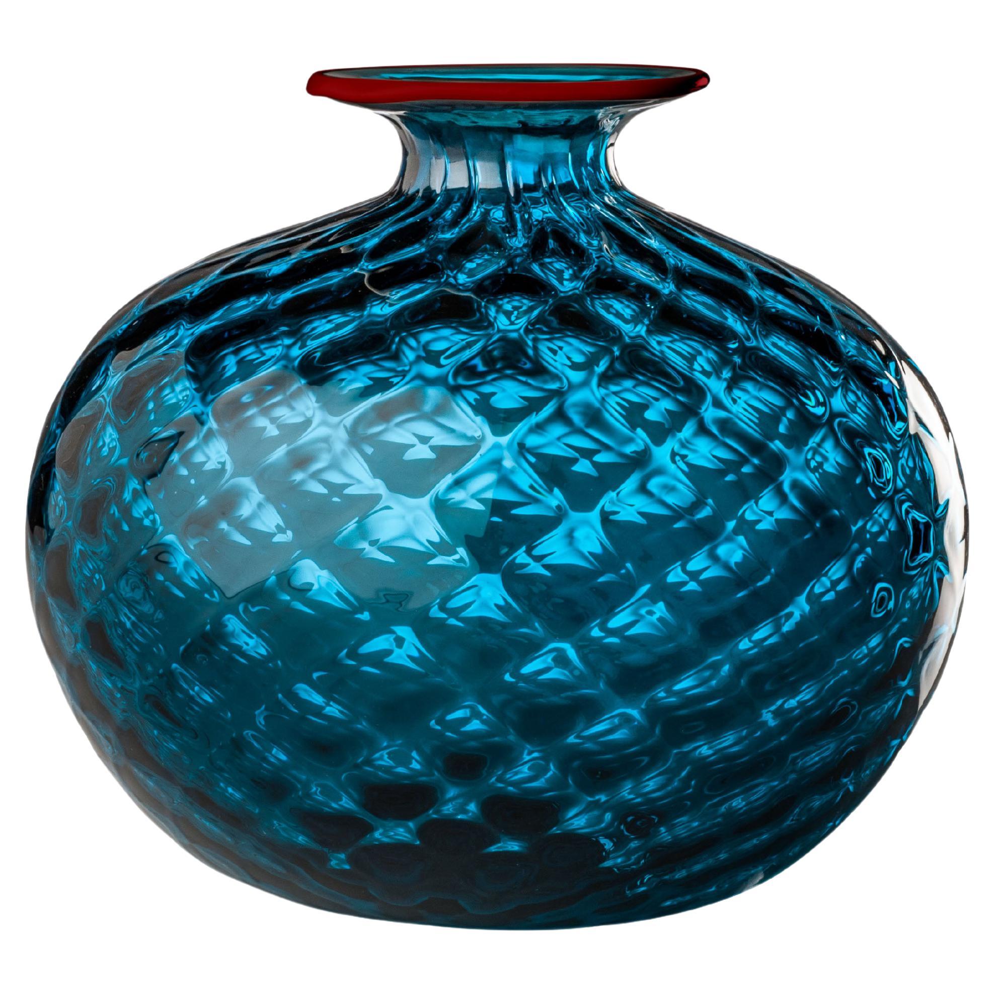 Monofiore Balaton Short Glass Vase in Horizon Red Thread Rim by Venini For Sale