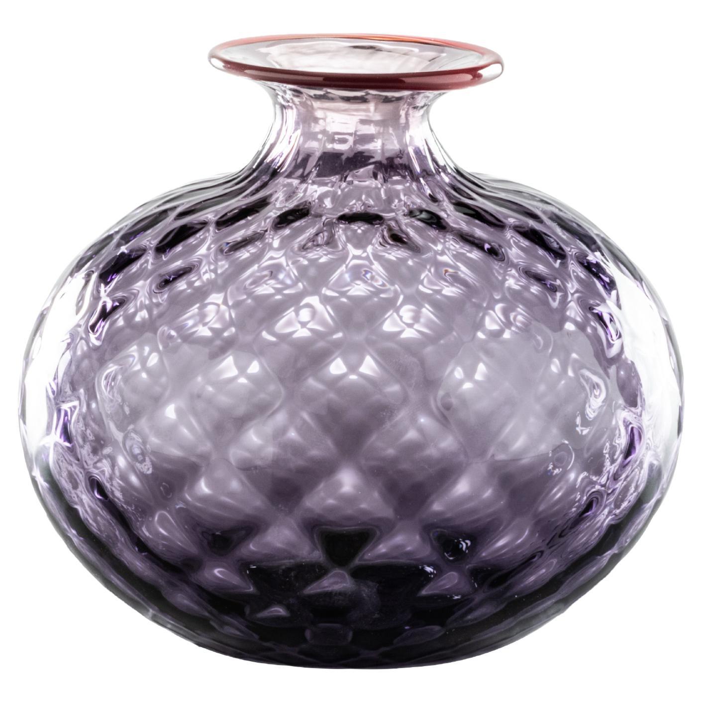 Monofiore Balaton Short Glass Vase in Indigo Red Thread Rim by Venini For Sale