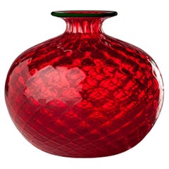 Monofiore Balaton Short Glass Vase in Red Apple Green Thread Rim by Venini
