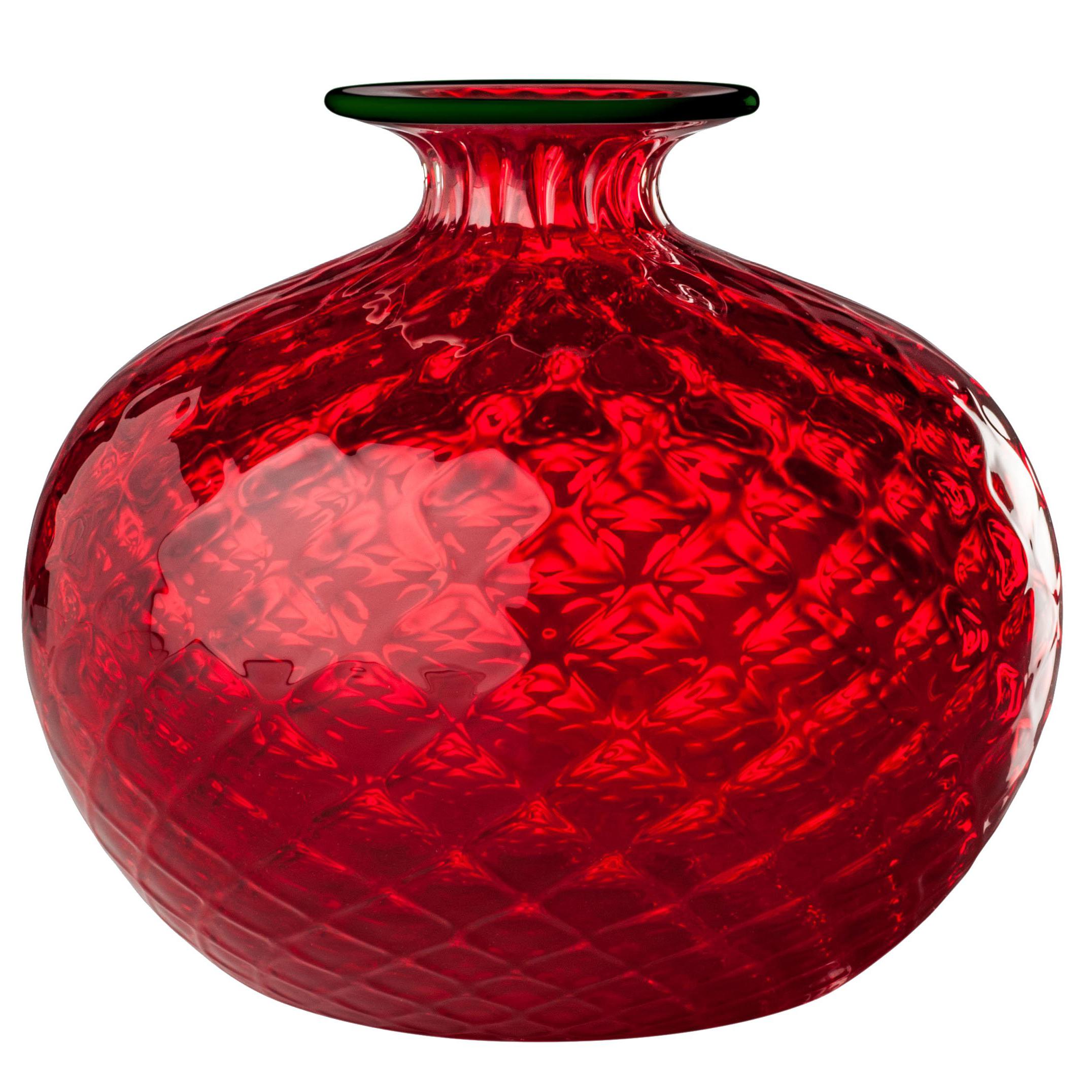 Monofiore Balaton Short Glass Vase in Red with Green Thread Rim by Venini