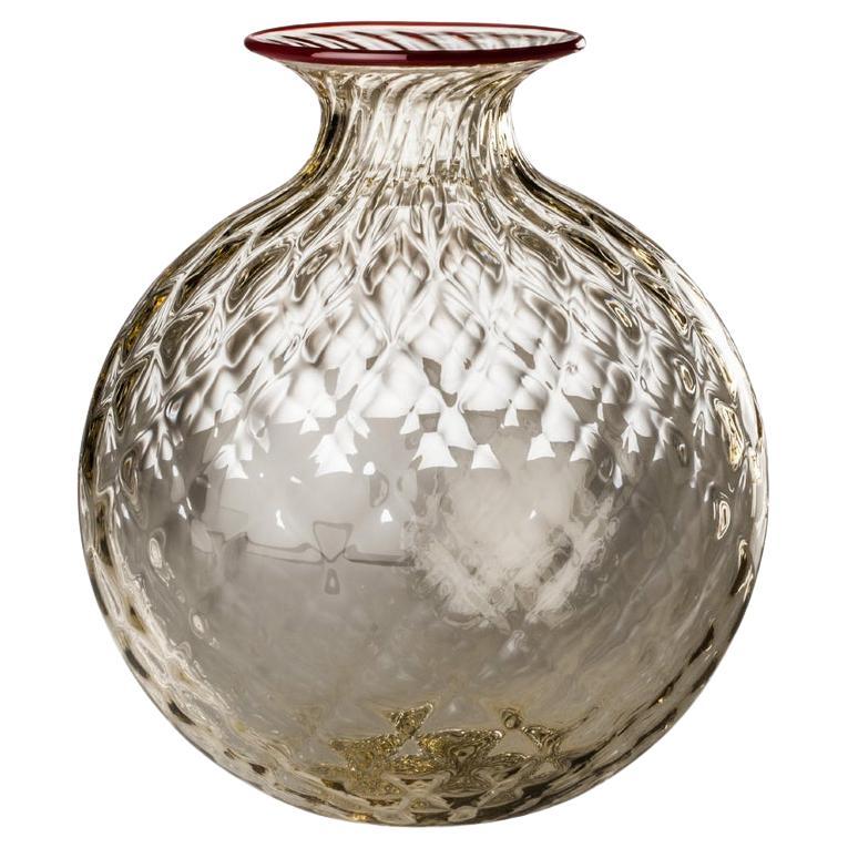 Monofiore Balloton Glass Vase in Grey with Ox Blood Thread Rim by Venini For Sale