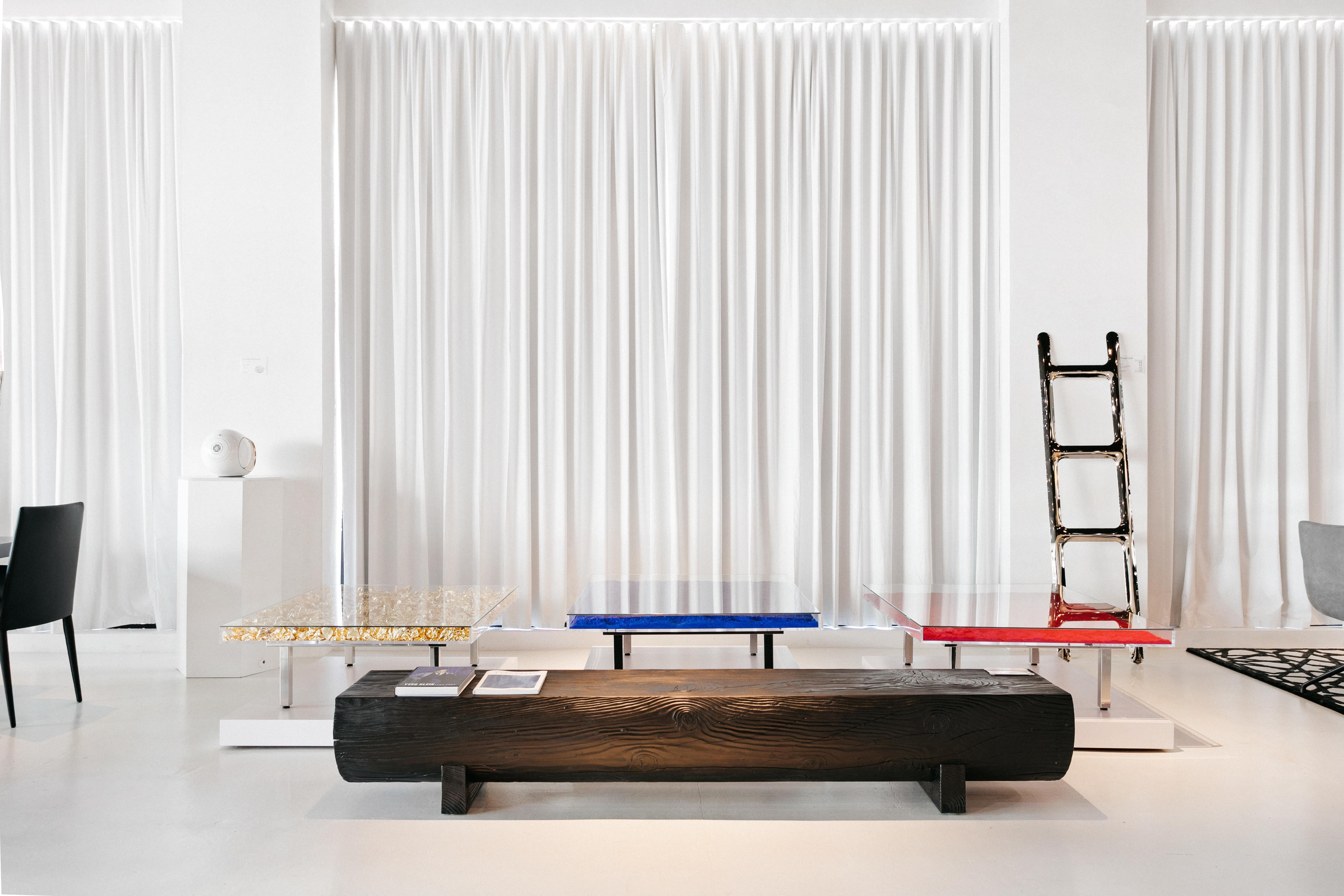 Made with 3,000 sheets of gold leaf, glass, Plexiglas, wood, and steel.

This iconic table is from an edition begun in 1963 under the supervision of Yves Klein’s widow, Rotraut Klein-Moquay, based on a model he designed in 1961. The artist died in