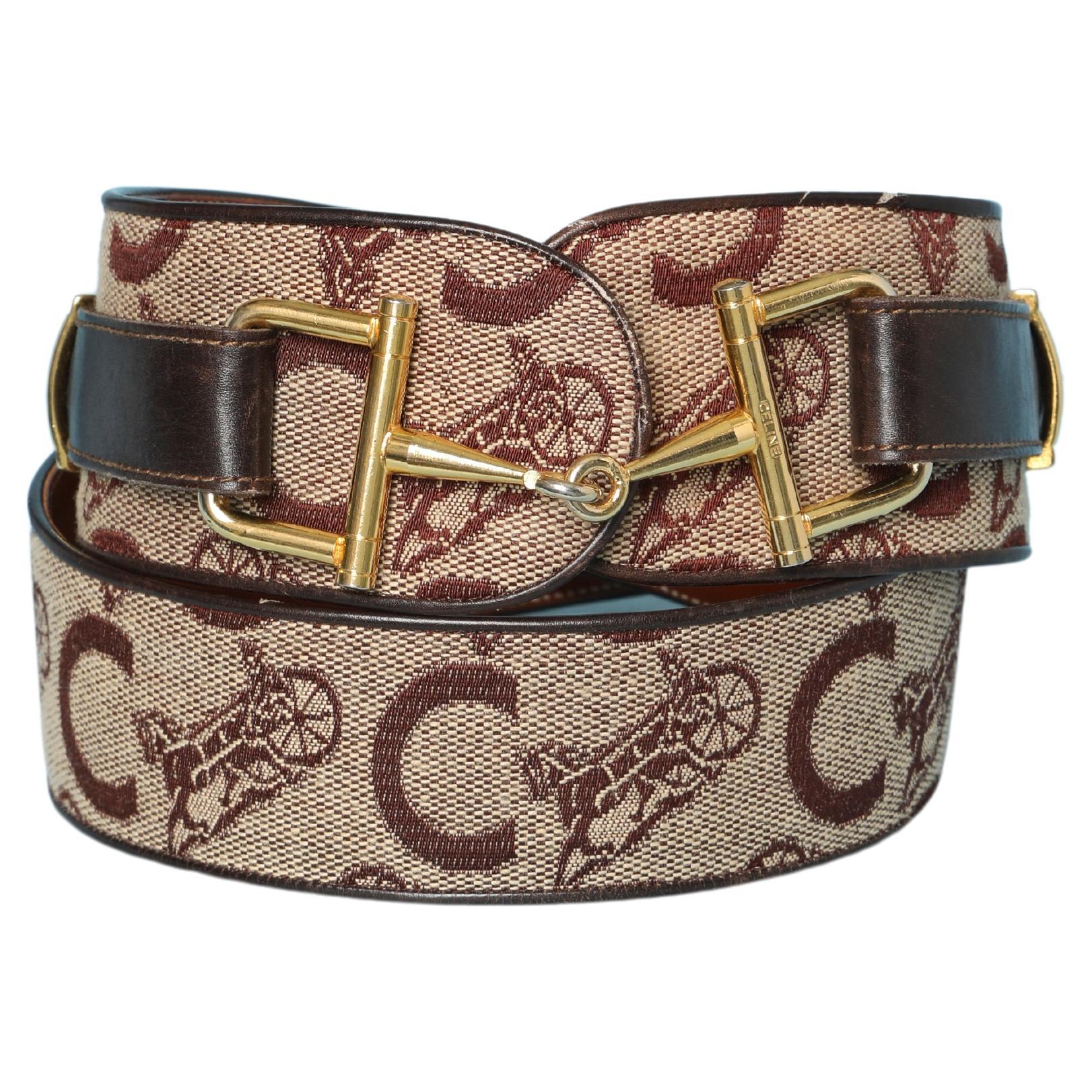 Monogram branded belt with metal bit in cotton and leather Céline For Sale