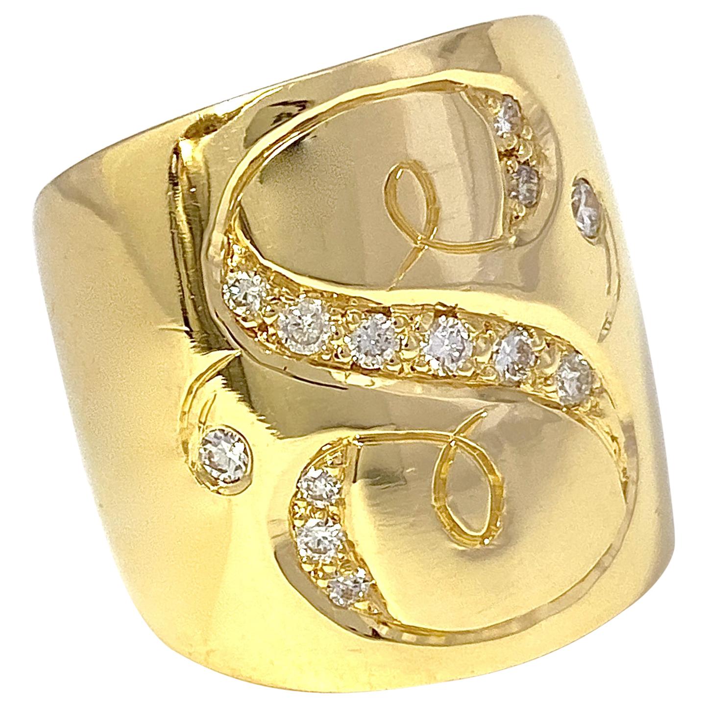 Monogram "S" Cigar Band Ring in 18 Karat Yellow Gold with White Diamond Accents