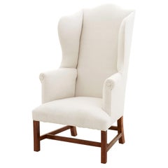 Antique Monogrammed Linen Wingback Chair with Zebrawood Base
