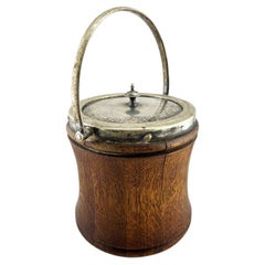 Monogrammed Oak and Silver Plate Tobacco Jar or Ice Bucket with Shield Cartouche