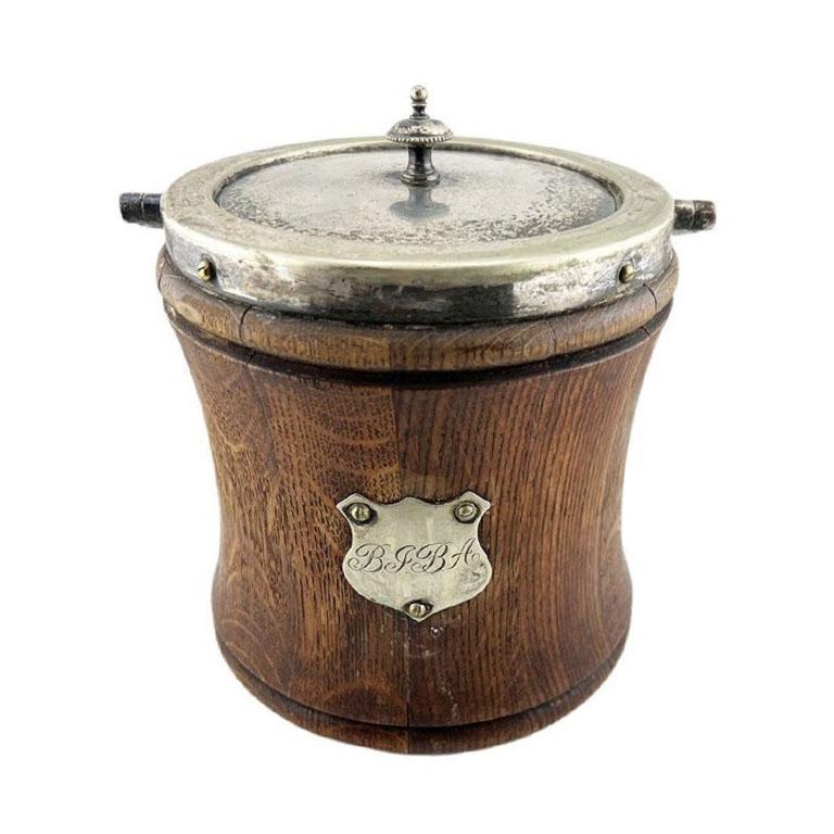 Metal Monogrammed Oak and Silver Plate Tobacco Jar or Ice Bucket with Shield Cartouche For Sale