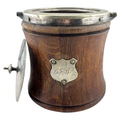 Antique Monogrammed Oak and Silver Plate Tobacco Jar or Ice Bucket with Shield Cartouche
