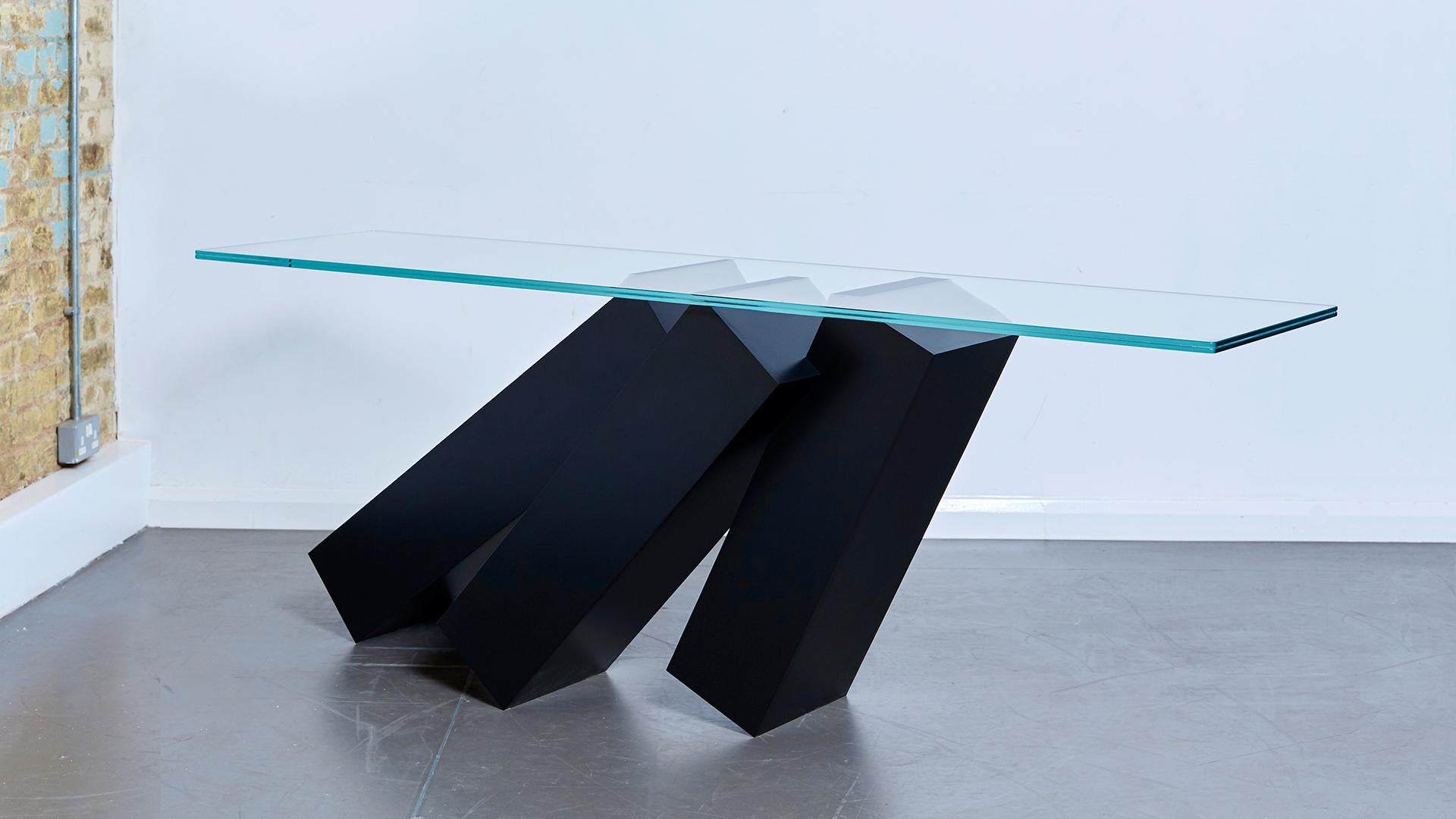Contemporary Console Table in Black Stainless Steel, Glass For Sale