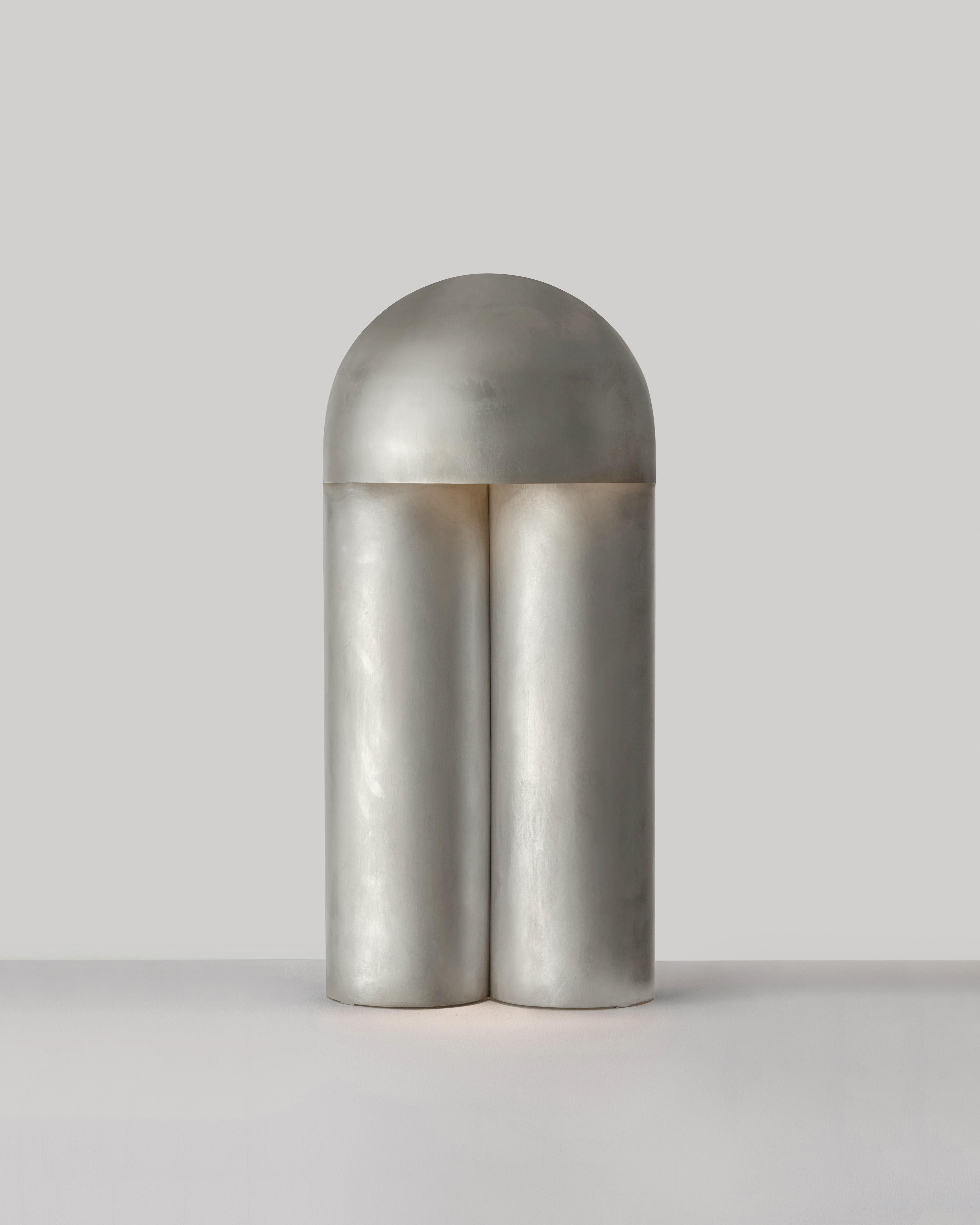 Indian Monolith Silvered Brass Sculpted Table Lamp by Paul Matter