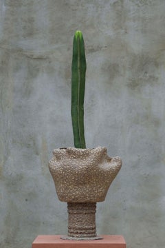 Monolithic Carved Stoneware Planter and Stand by LGS Studio