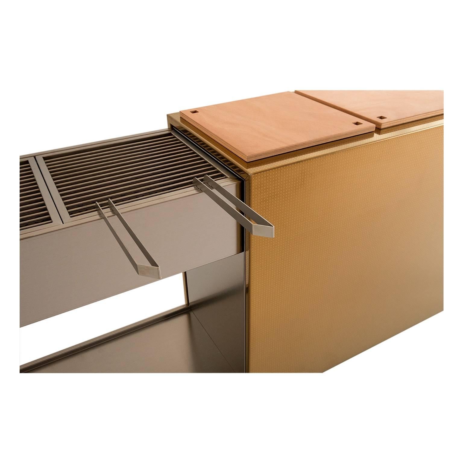 Modern Charcoal BBQ with Cupboards and Extractable Grills, Snail Gold For Sale
