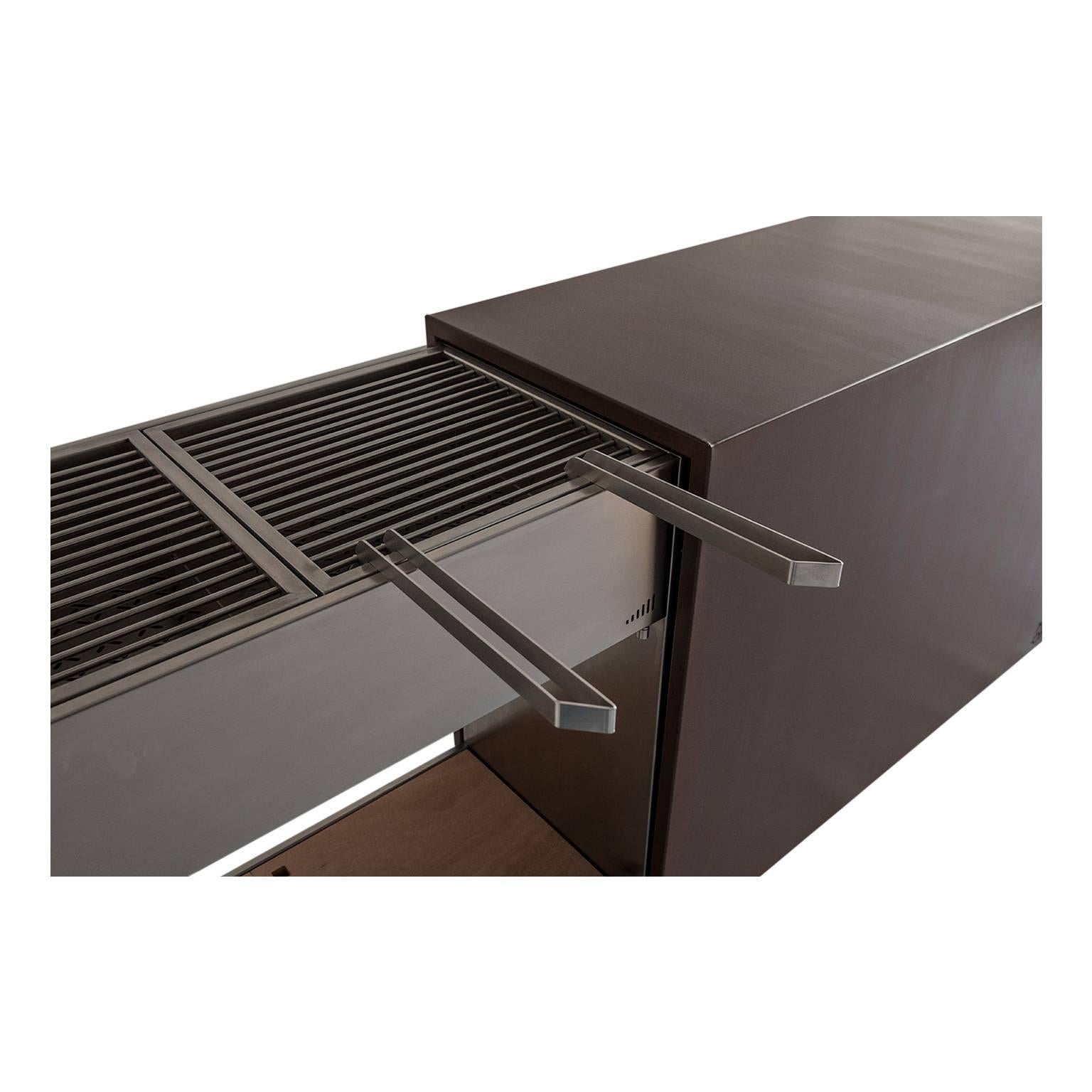 Brushed Elegant Corten Outdoor Charcoal Barbecue with Shelves and Cupboards, Snail For Sale