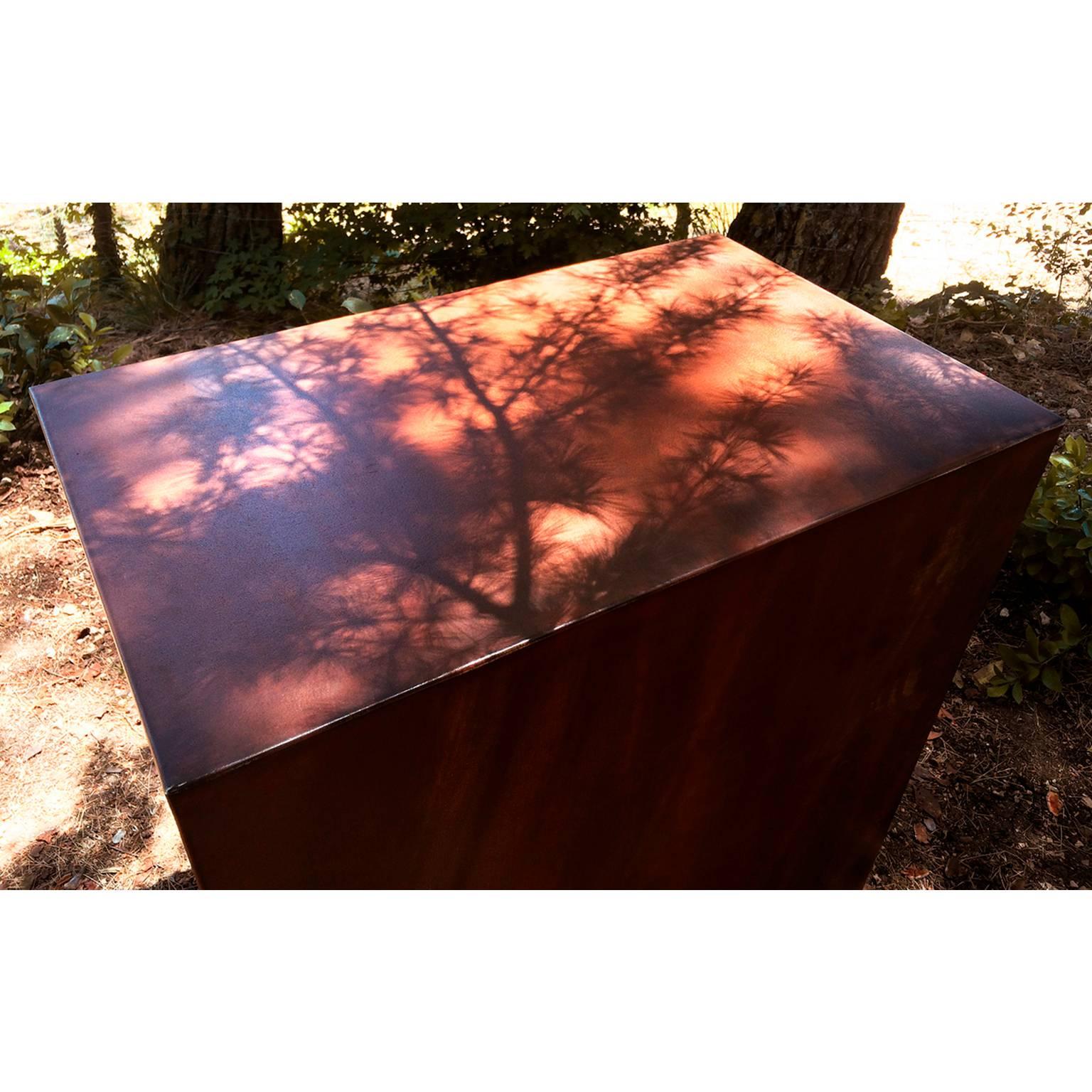 Contemporary Elegant Corten Outdoor Charcoal Barbecue with Shelves and Cupboards, Snail For Sale