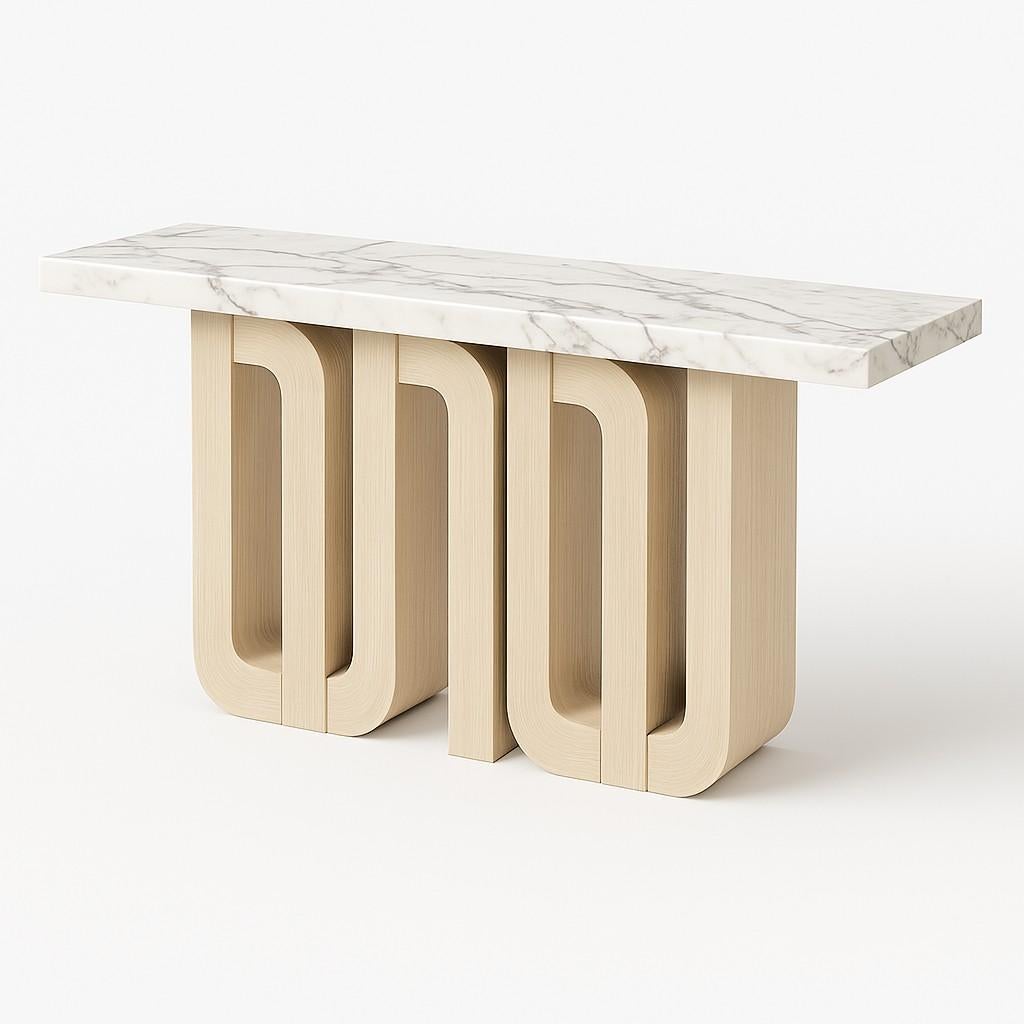Portuguese Monolithic Console Table with Polished Stone Top & Limed Oak Base For Sale