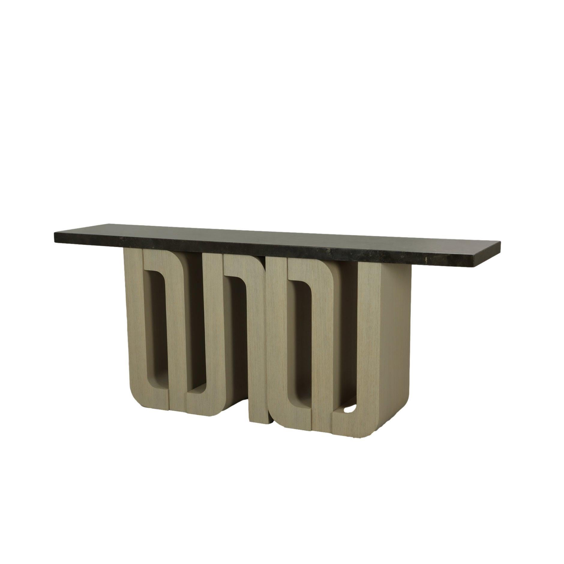 Hand-Crafted Monolithic Console Table with Polished Stone Top & Limed Oak Base For Sale