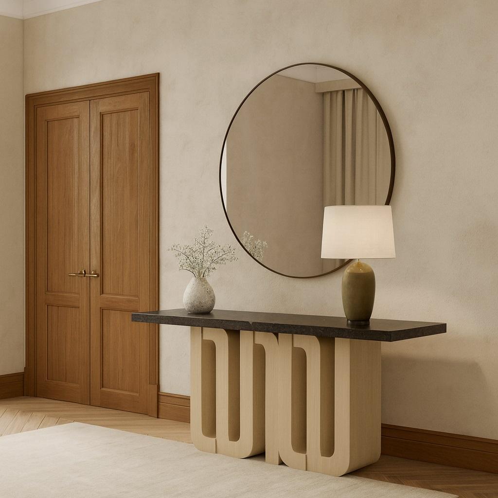 Monolithic Console Table with Polished Stone Top & Limed Oak Base In New Condition For Sale In NEW YORK, NY