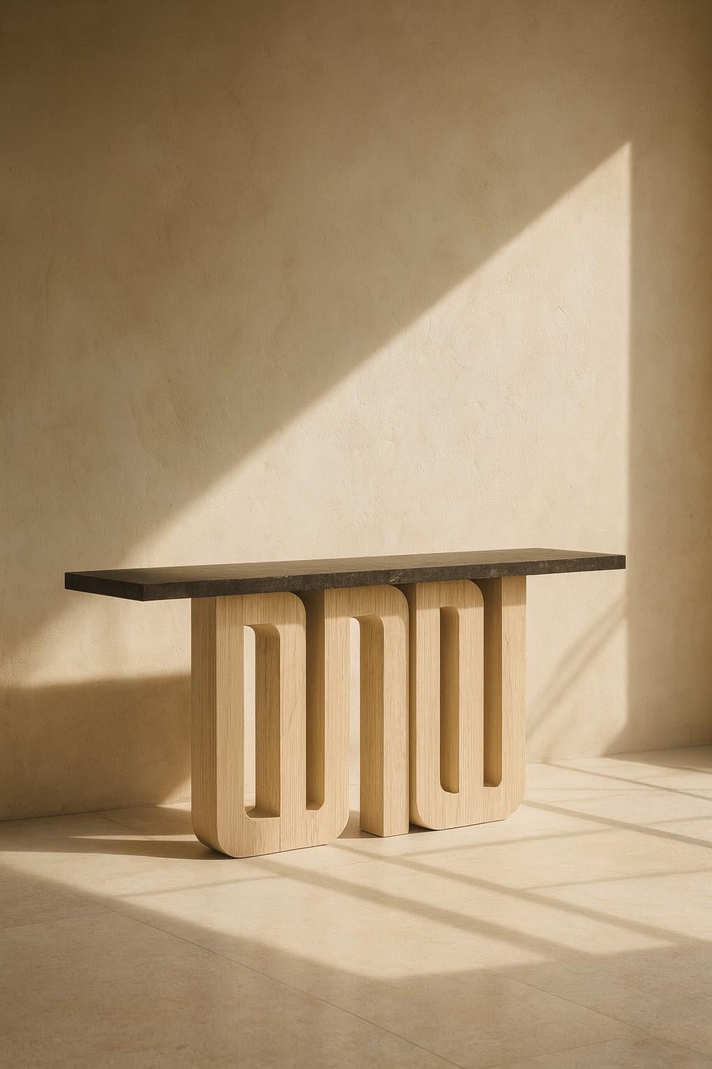 Wood Monolithic Console Table with Polished Stone Top & Limed Oak Base For Sale