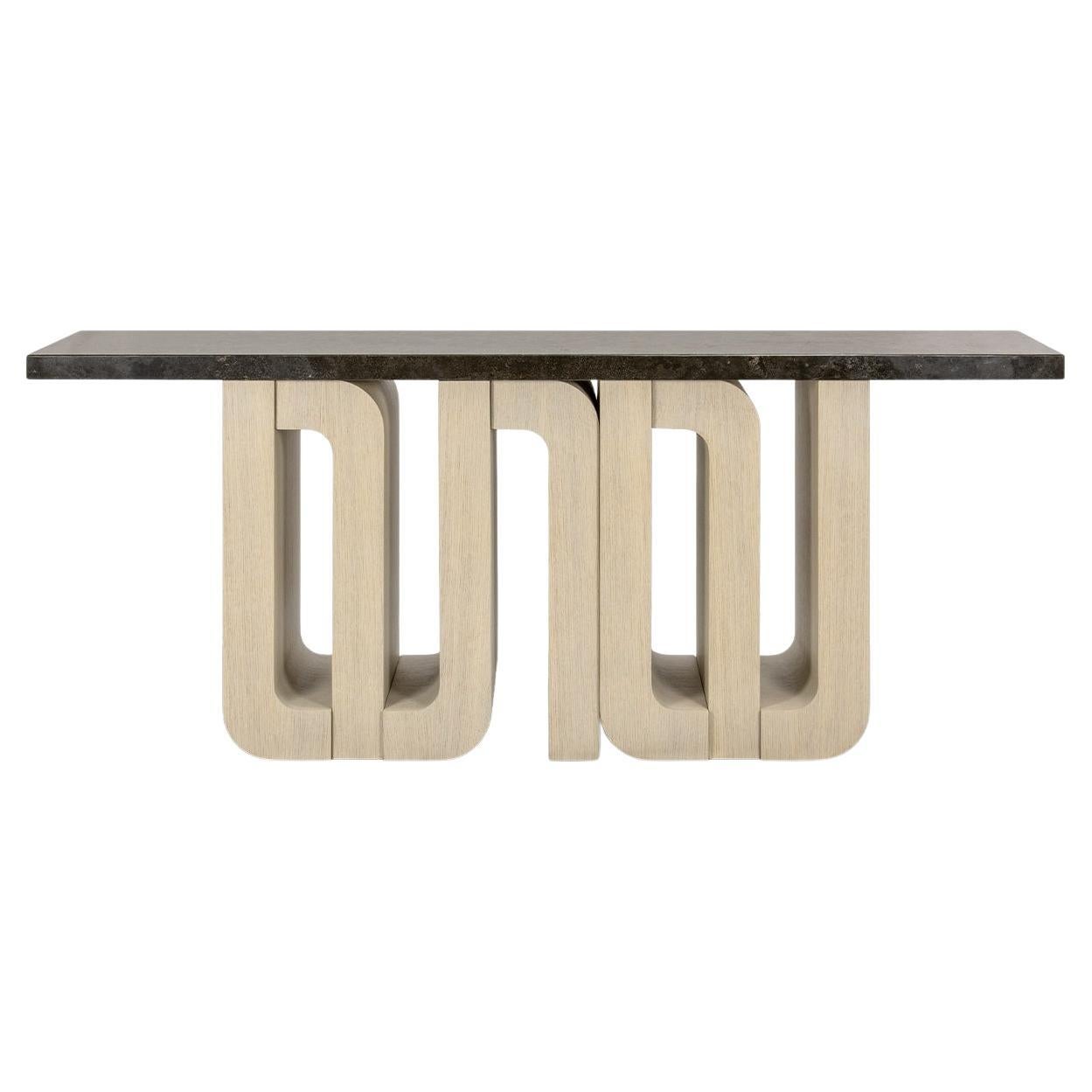 Monolithic Console Table with Polished Stone Top & Limed Oak Base For Sale
