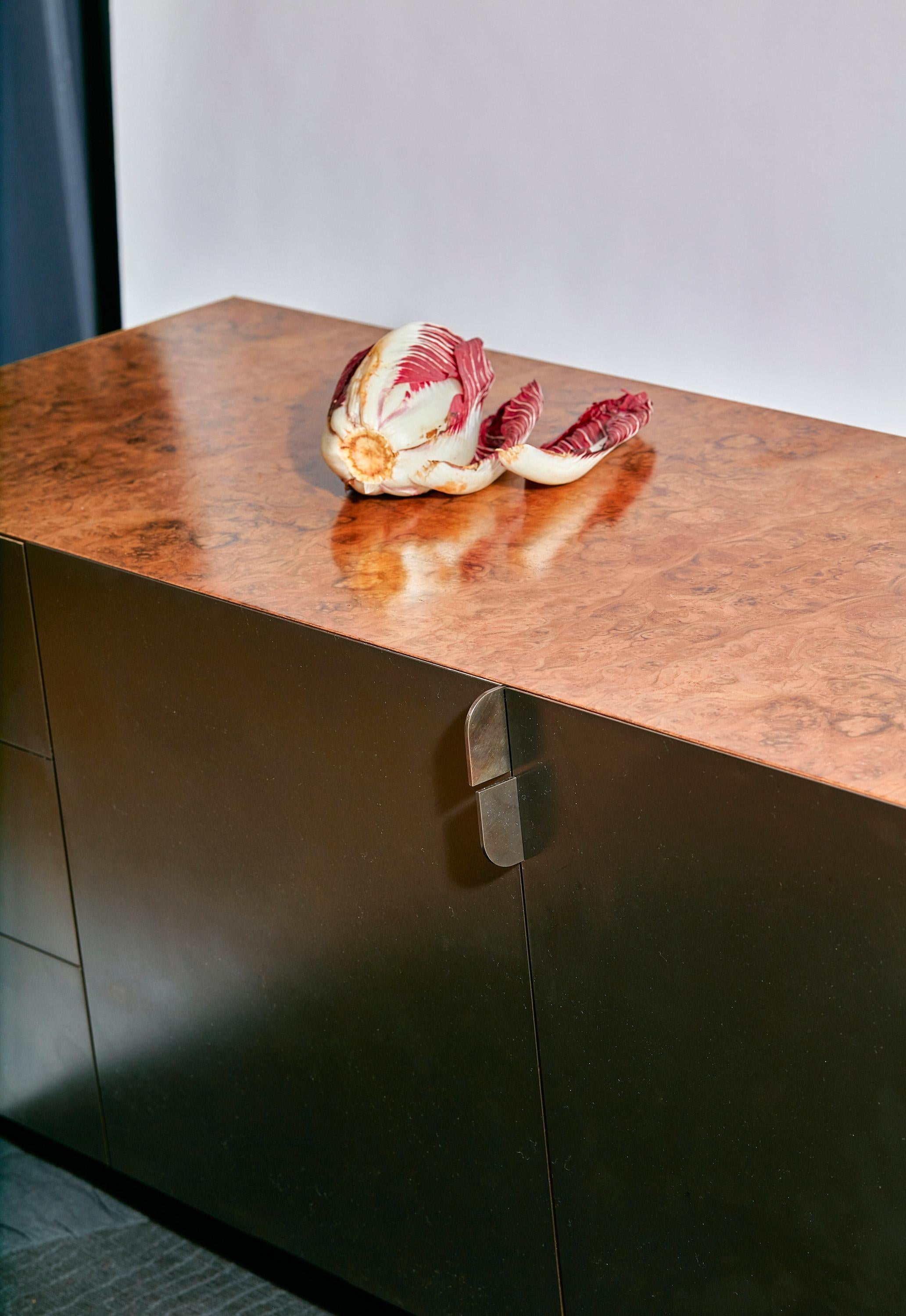 Modern Monolithic Credenza / Sideboard from Black patinated Brass & Burl Walnut Wood For Sale