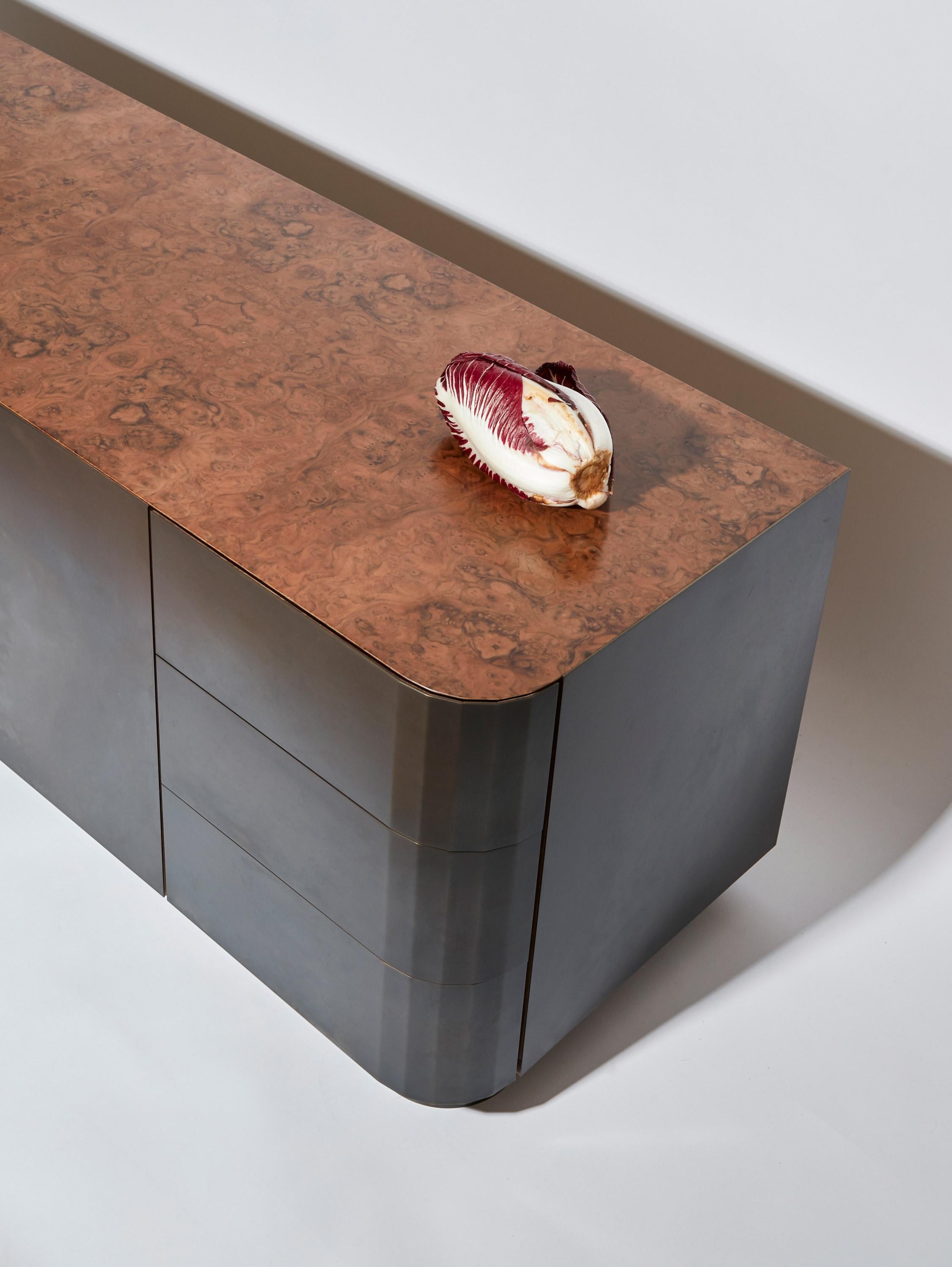 Patinated Monolithic Credenza / Sideboard from Black patinated Brass & Burl Walnut Wood For Sale