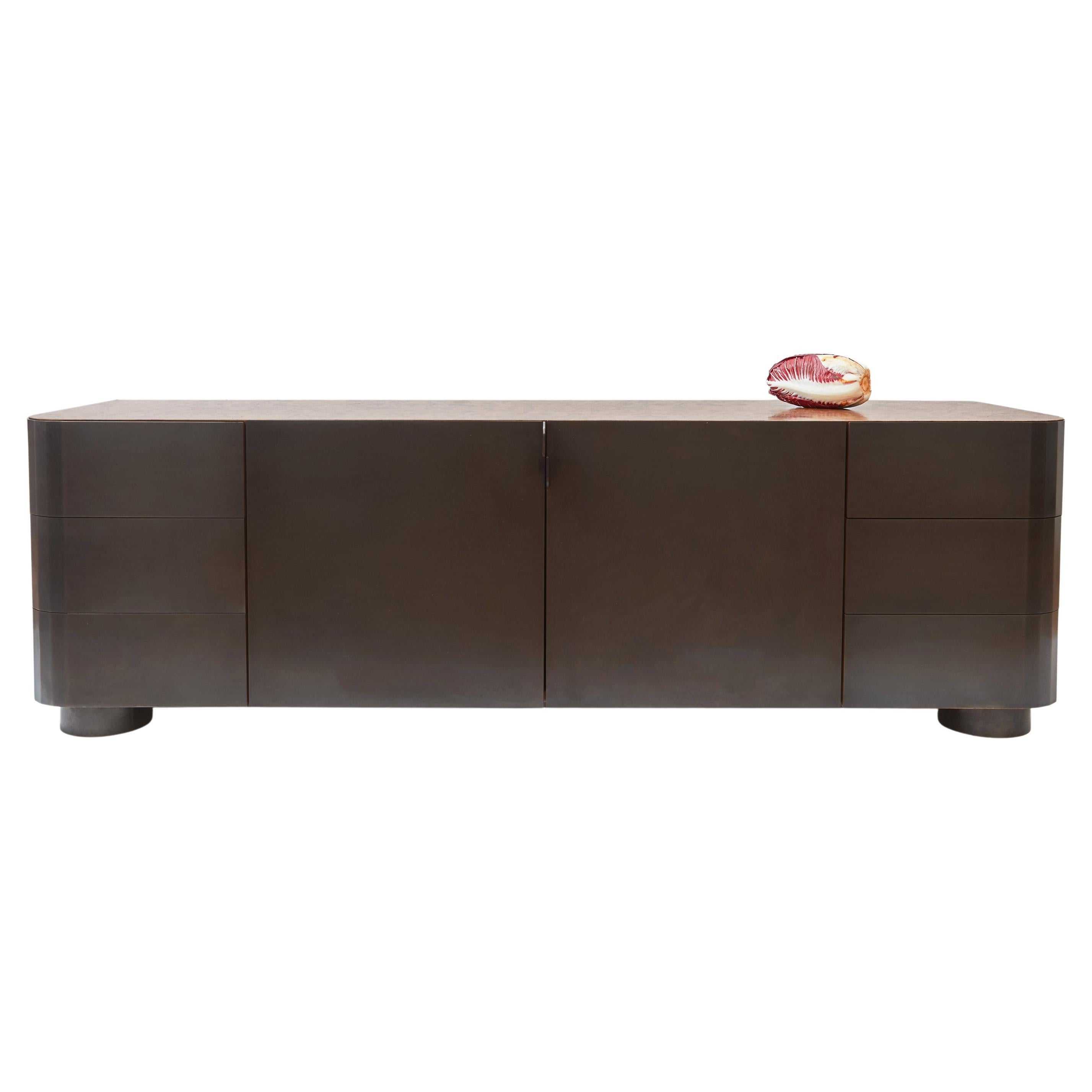 Monolithic Credenza / Sideboard from Black patinated Brass & Burl Walnut Wood For Sale