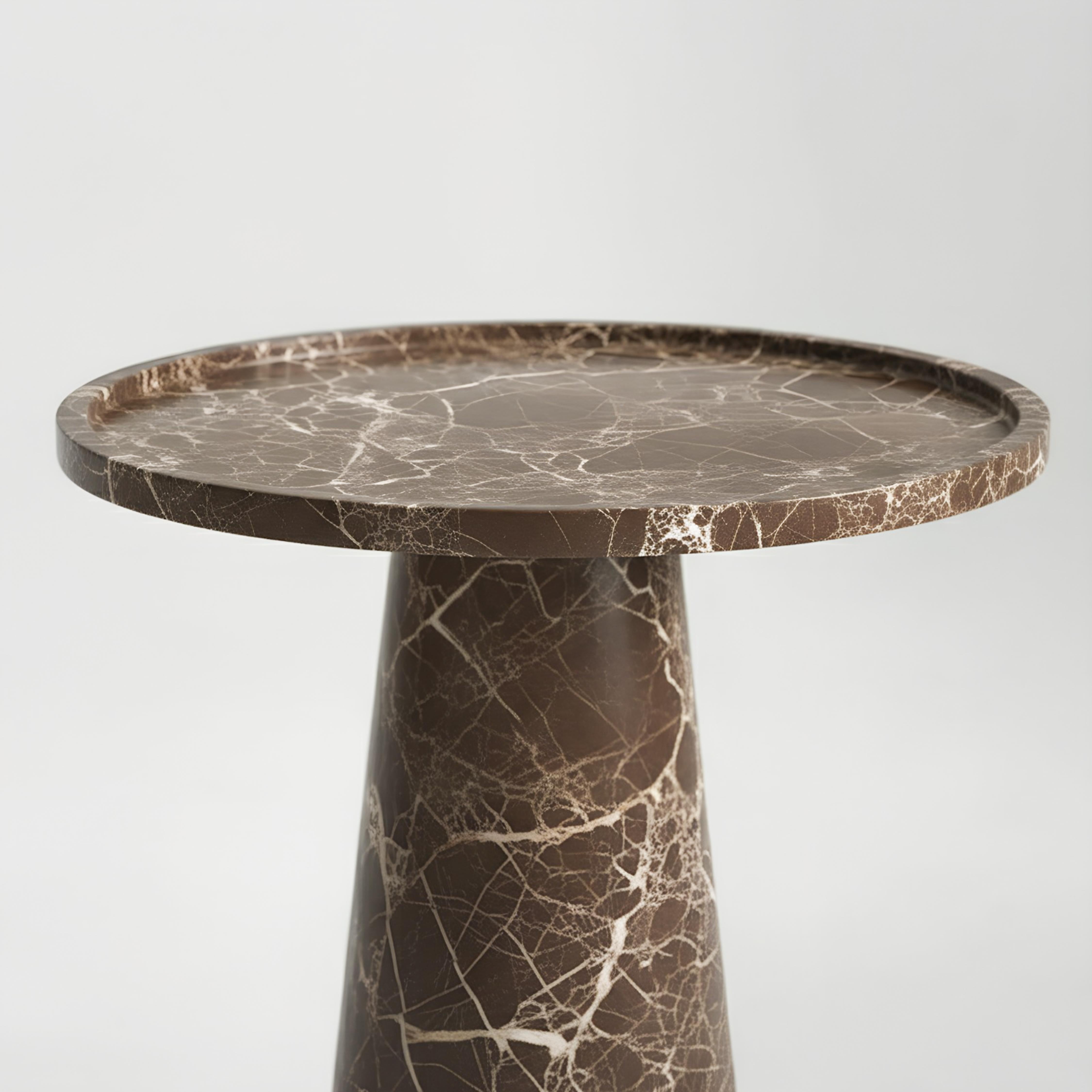 Hand-Carved Monolithic Emperador Marble Round Side Table, A Classic Accent End Table For Sale